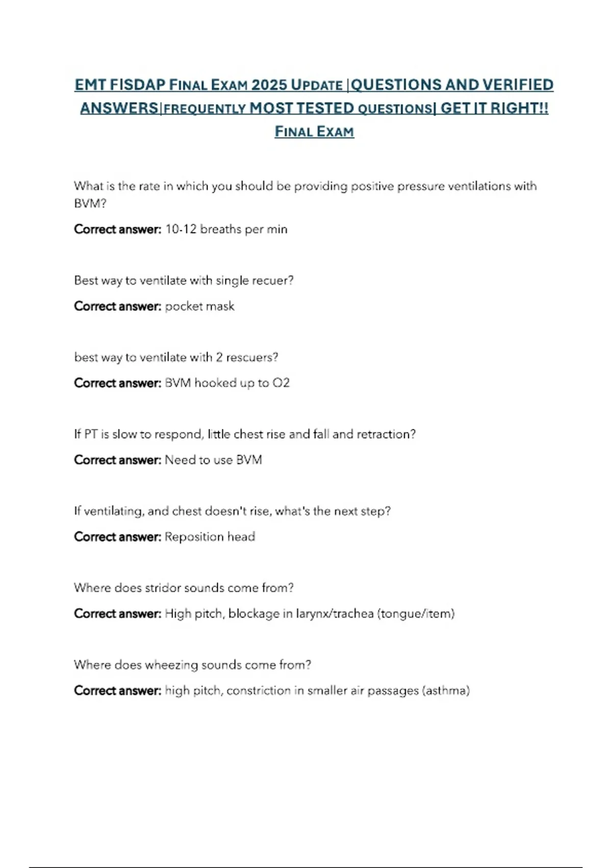 EMT FISDAP FINAL EXAM 2025 UPDATE QUESTIONS AND VERIFIED ANSWERS ...