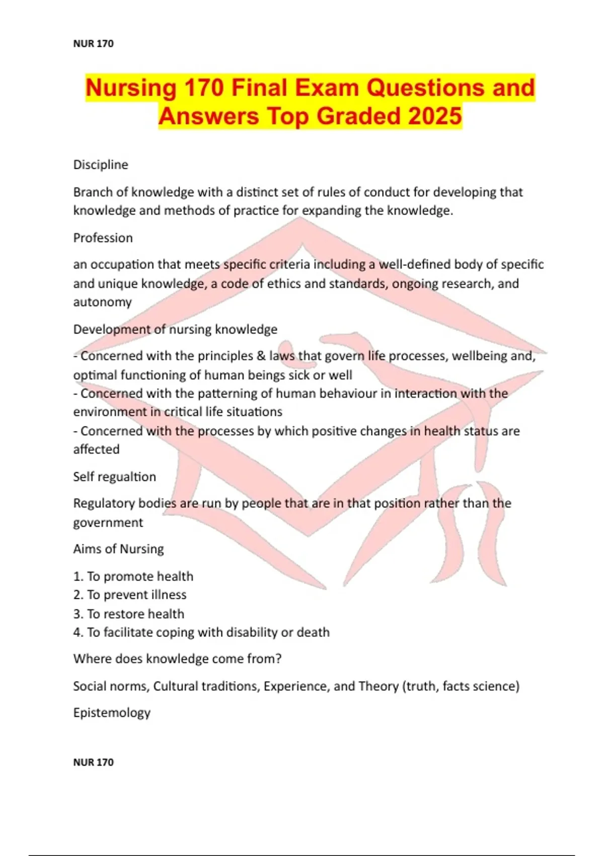 Nursing 170 Final Exam Questions and Answers Top Graded 2025 - Nursing ...
