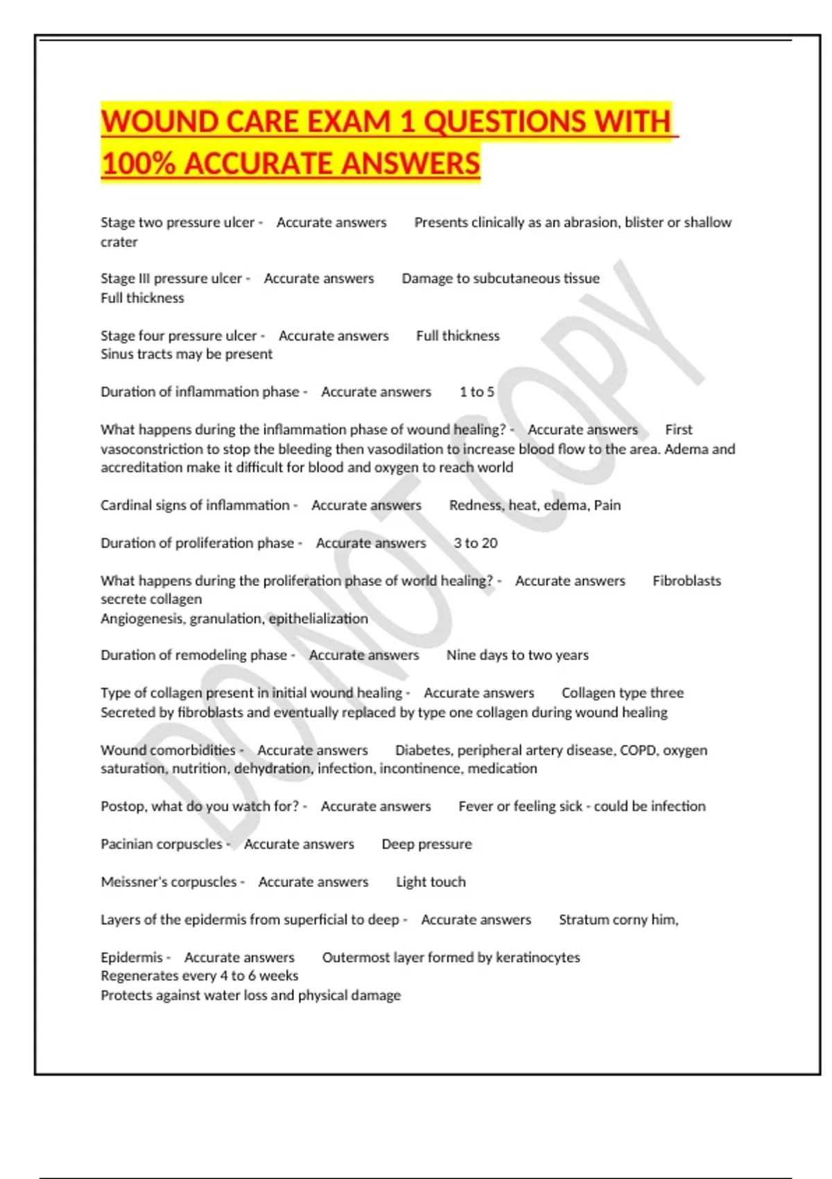 WOUND CARE EXAM 1 QUESTIONS WITH 100 ACCURATE ANSWERS Wound