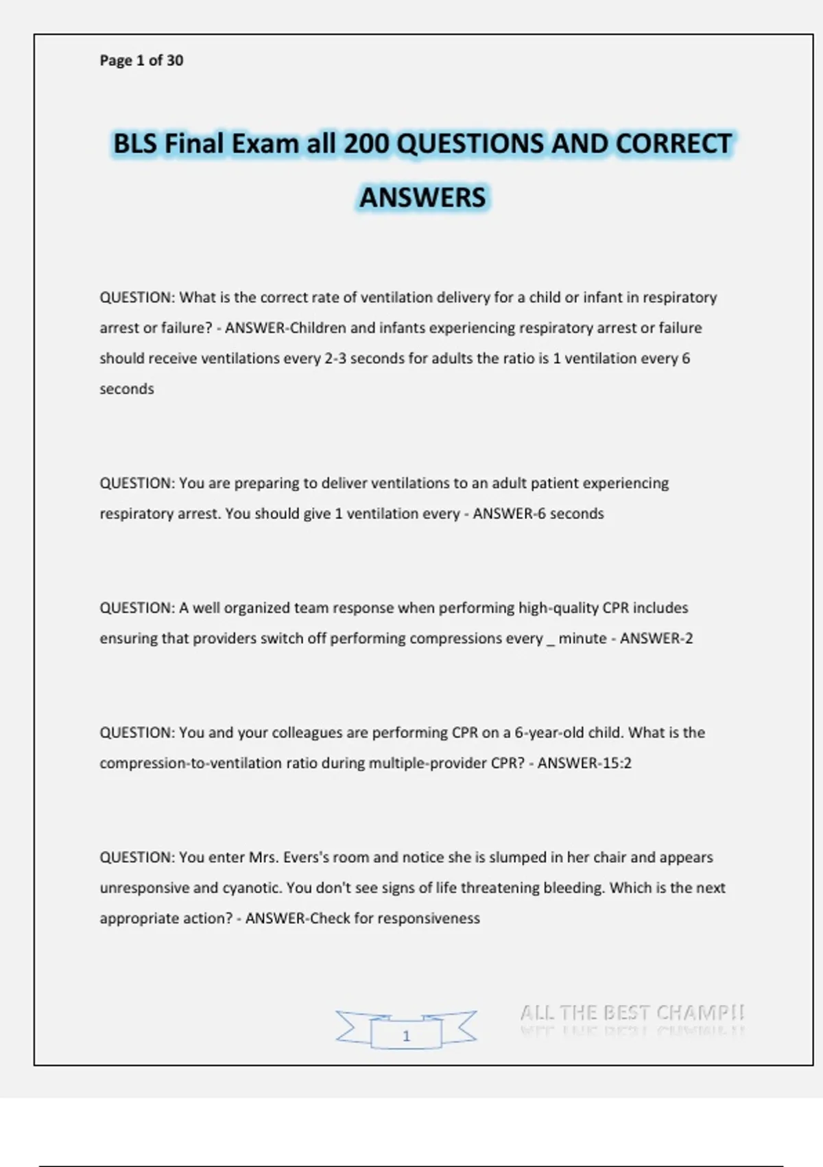 BLS Final Exam all 200 QUESTIONS AND CORRECT ANSWERS - BLS - Stuvia US
