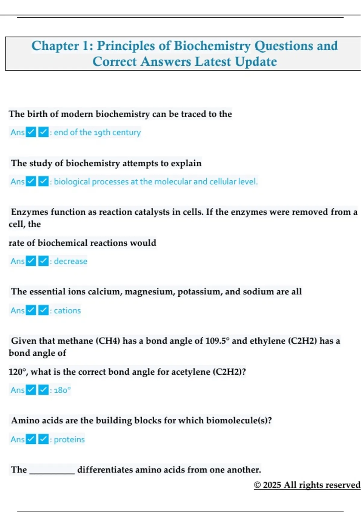 Chapter 1: Principles of Biochemistry Questions and Correct Answers ...