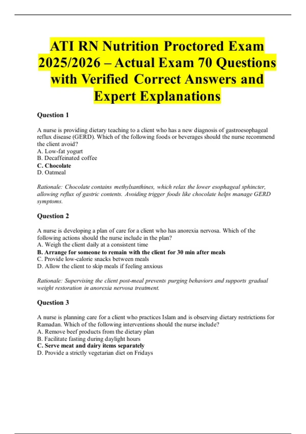 ATI RN Nutrition Proctored Exam 2025/2026 – Actual Exam 70 Questions ...