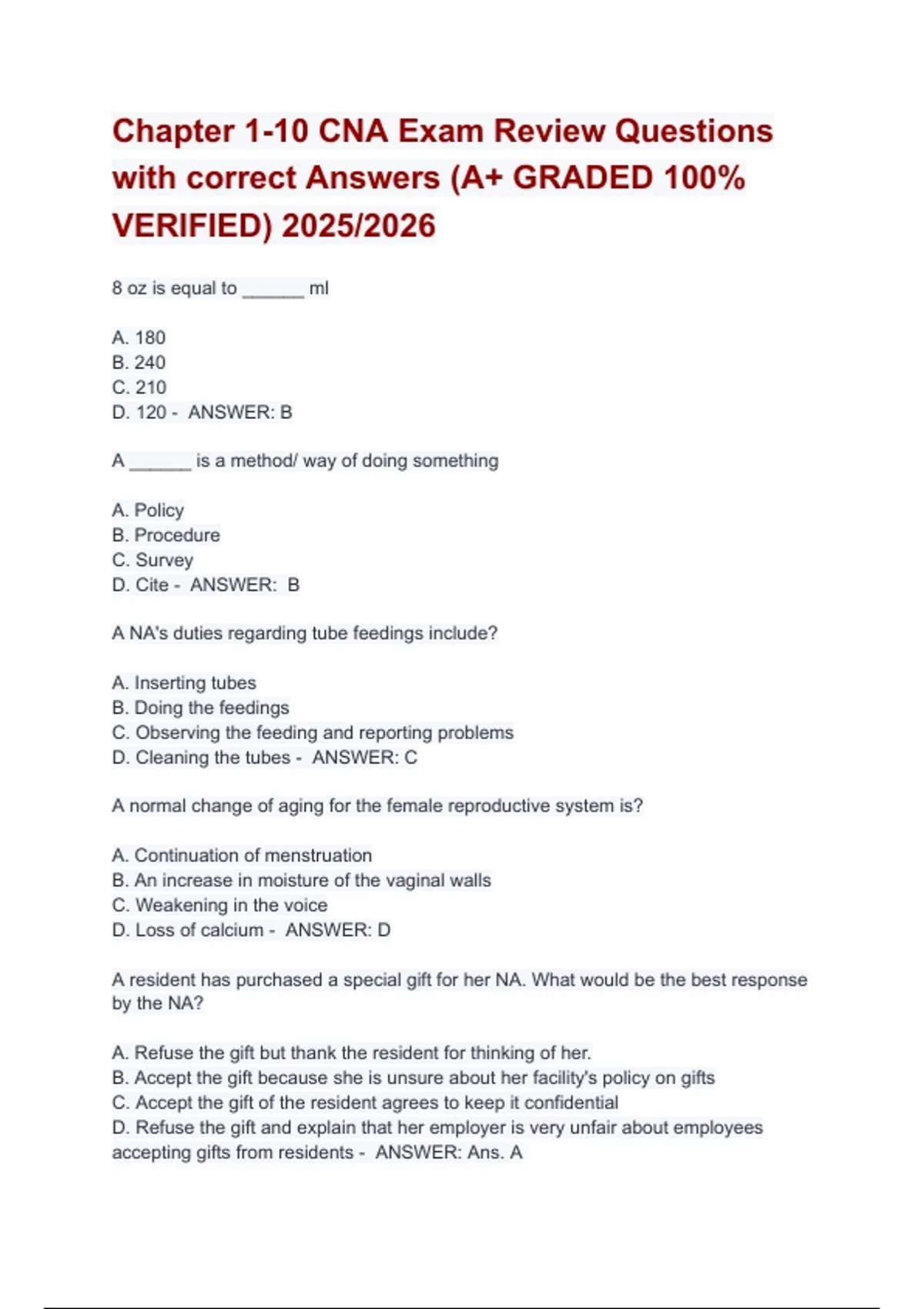 Chapter 1-10 CNA Exam Review Questions with correct Answers (A+ GRADED ...