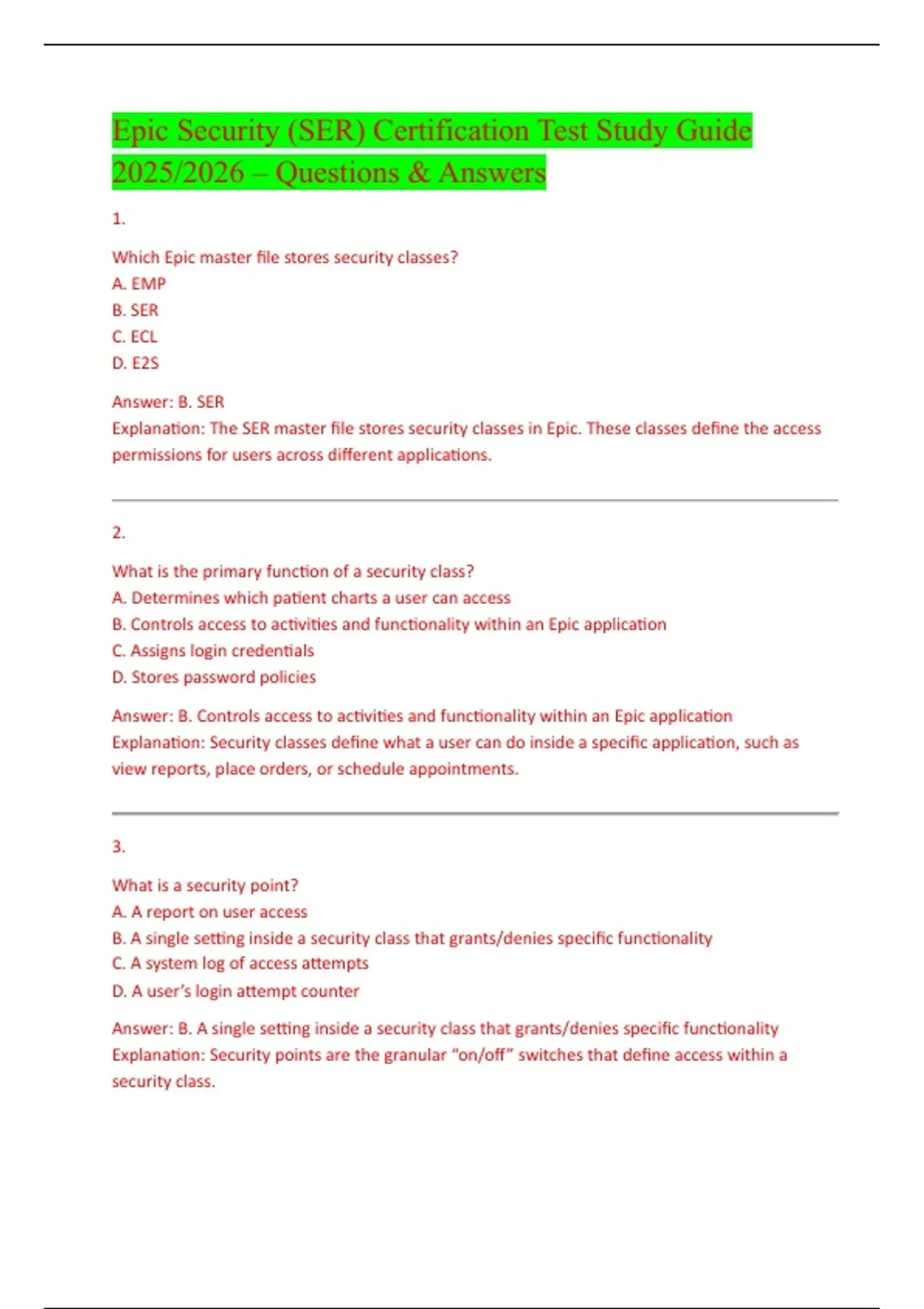 Epic Security (SER) Certification Test Study Guide 2025/2026 – Complete ...
