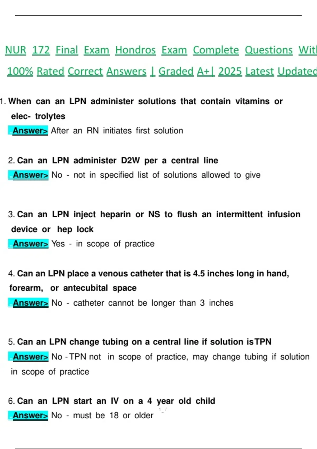 NUR 172 Final Exam Hondros Exam Complete Questions With 100% Rated ...