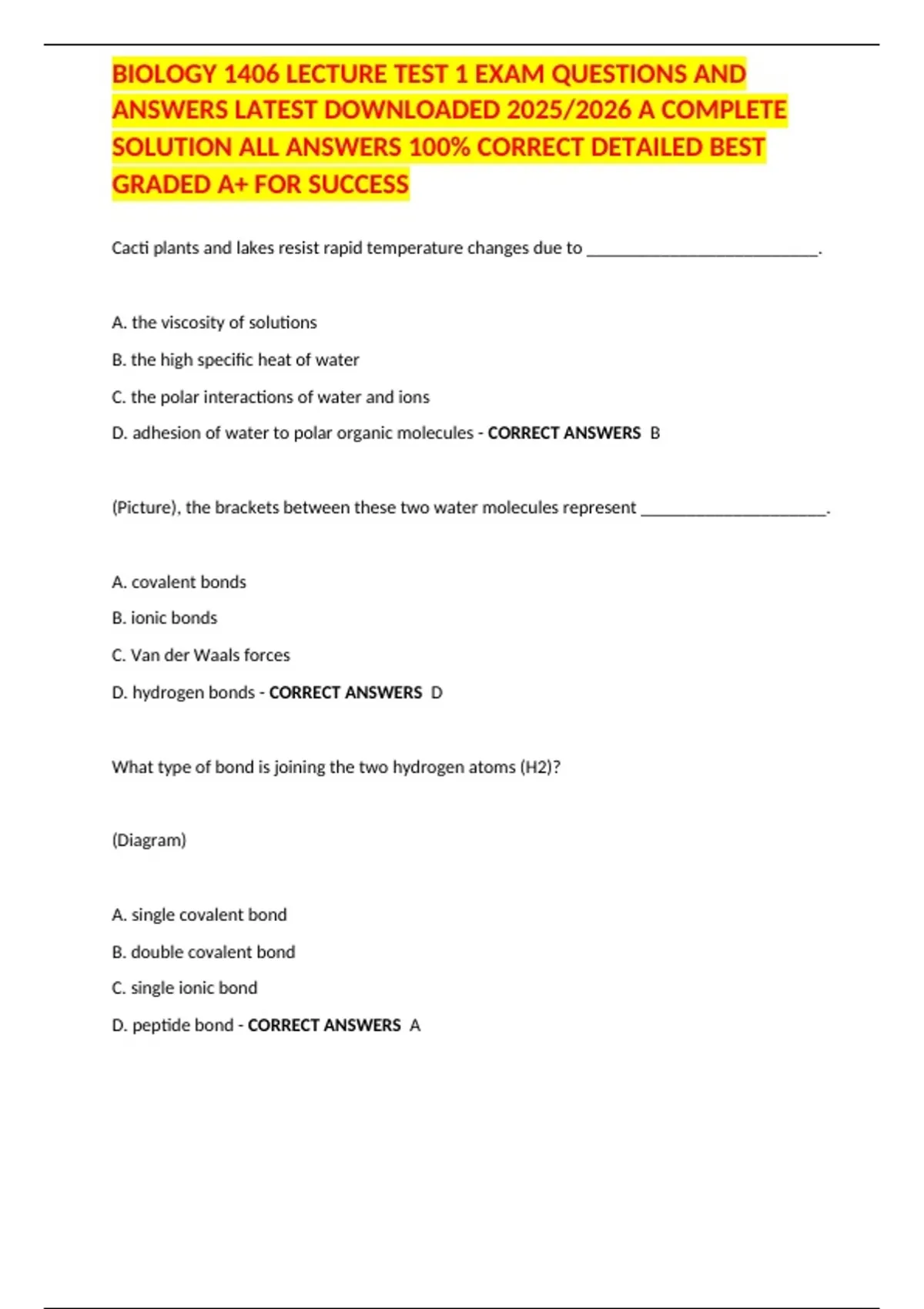 BIOLOGY 1406 LECTURE TEST 1 EXAM QUESTIONS AND ANSWERS LATEST ...
