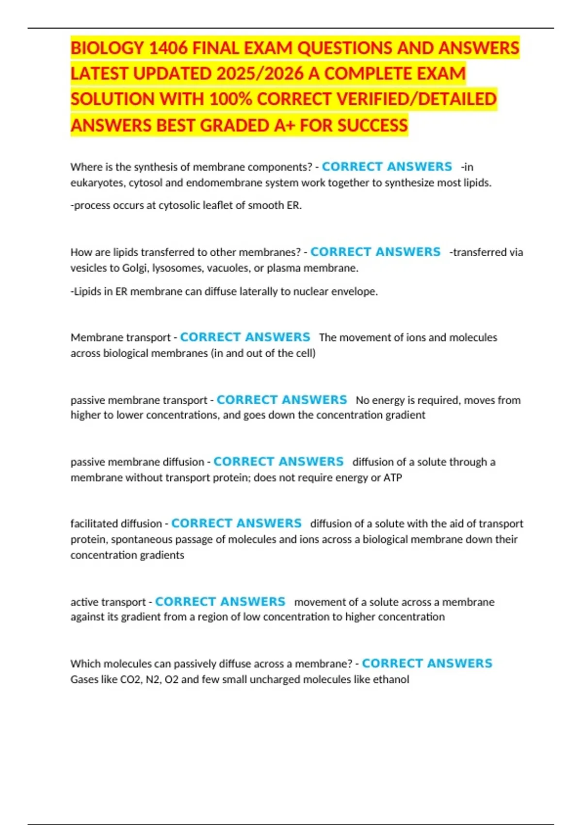 BIOLOGY 1406 FINAL EXAM QUESTIONS AND ANSWERS LATEST UPDATED 2025/2026 ...