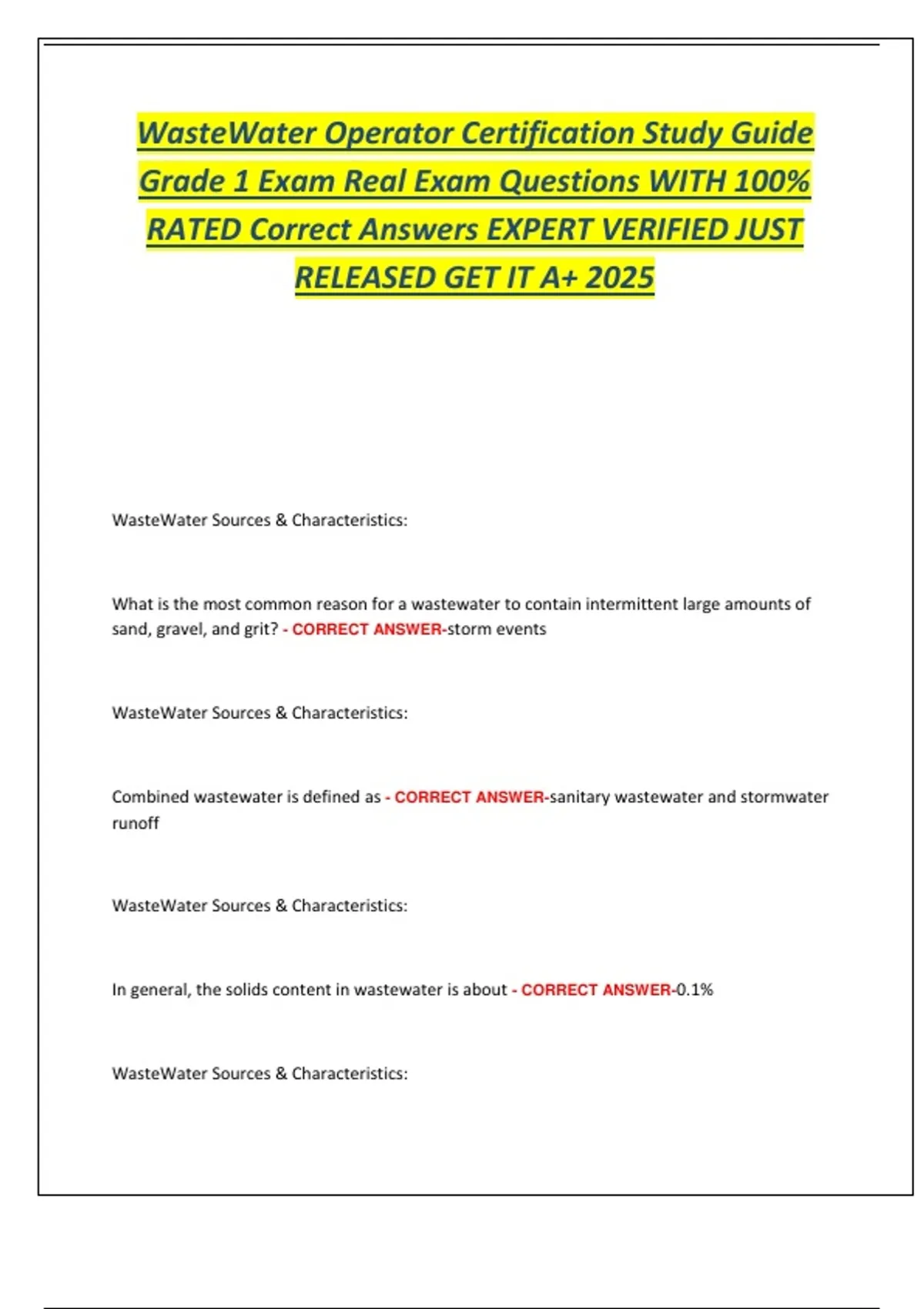 WasteWater Operator Certification Study Guide Grade 1 Exam Real Exam ...
