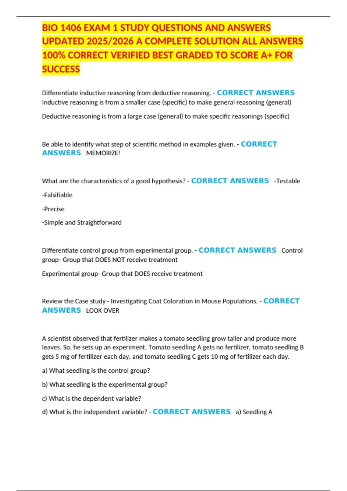 BIO 1406 EXAM 1 STUDY QUESTIONS AND ANSWERS UPDATED 2025/2026 A ...