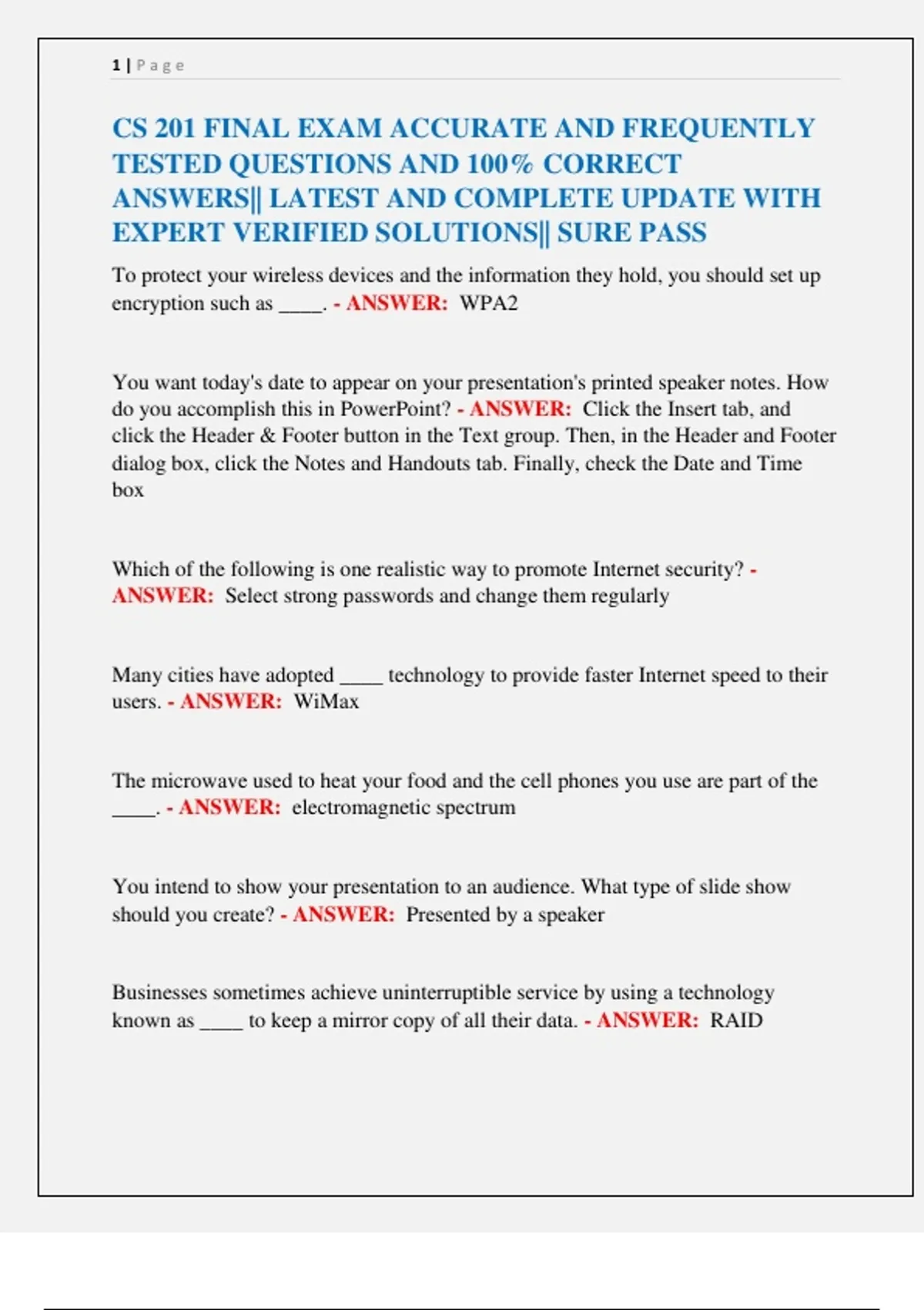 CS 201 FINAL EXAM ACCURATE AND FREQUENTLY TESTED QUESTIONS AND 100% ...