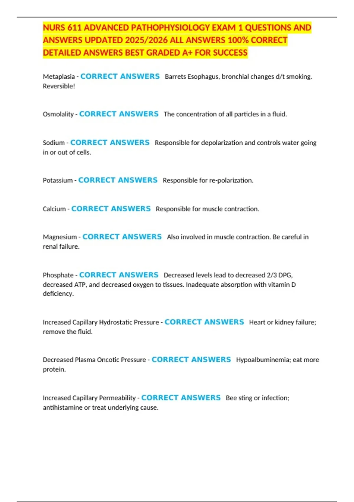 NURS 611 ADVANCED PATHOPHYSIOLOGY EXAM 1 QUESTIONS AND ANSWERS UPDATED ...