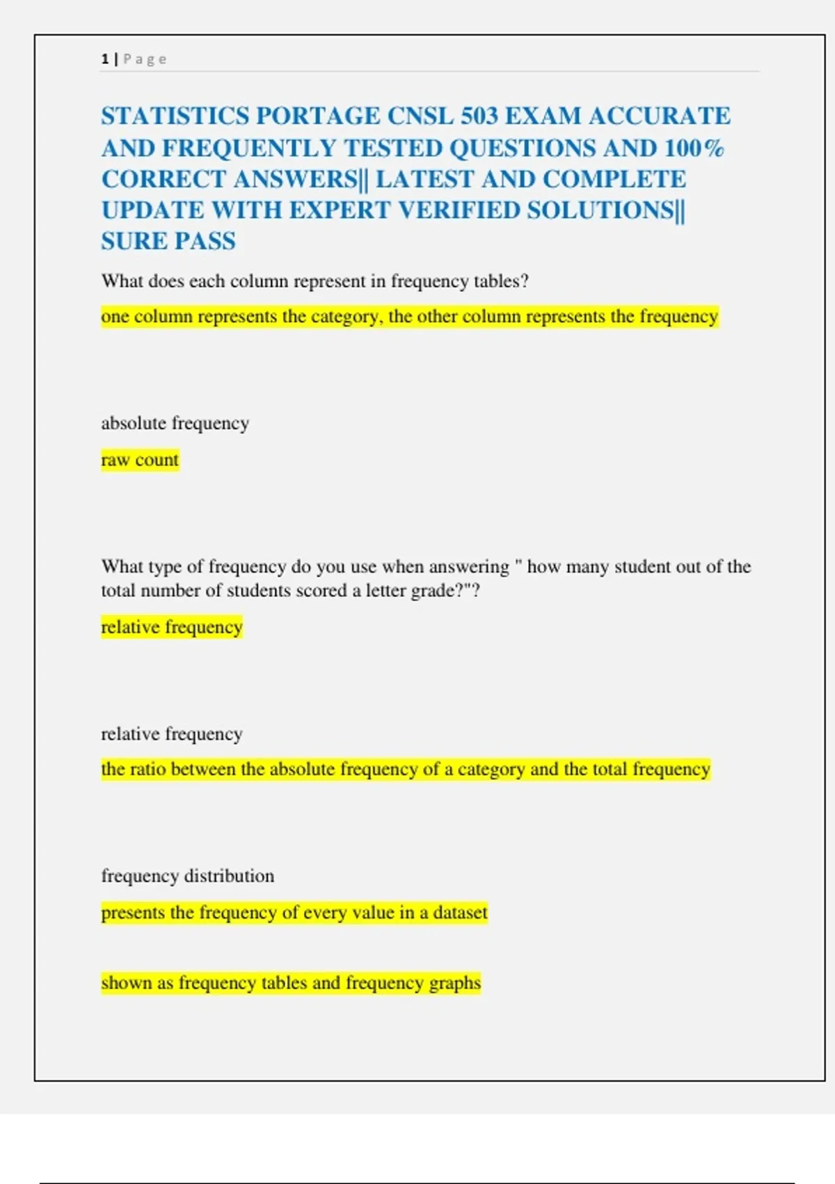STATISTICS PORTAGE CNSL 503 EXAM ACCURATE AND FREQUENTLY TESTED ...
