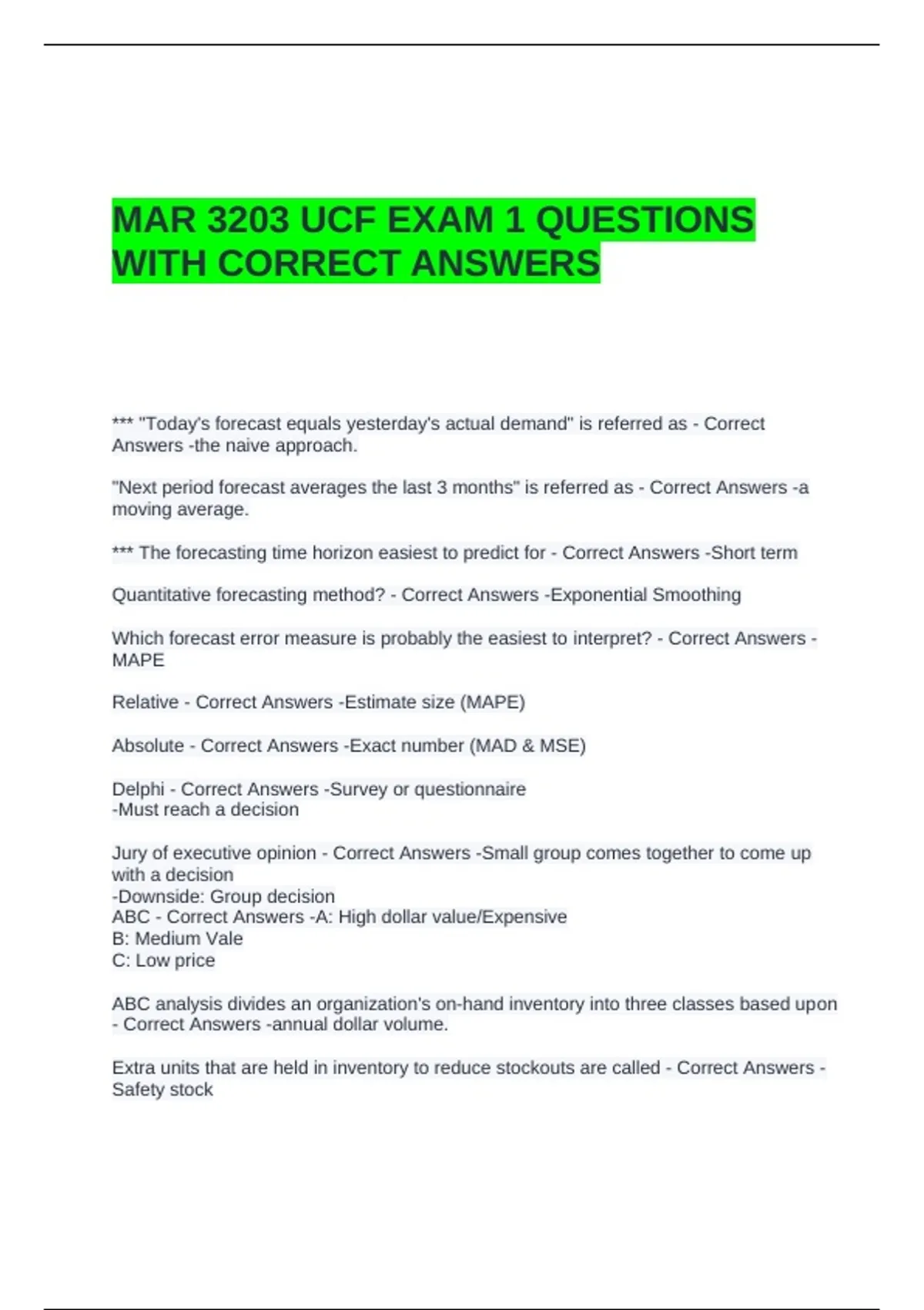 MAR 3203 UCF EXAM 1 QUESTIONS WITH CORRECT ANSWERS - MAR 3203 - Stuvia US
