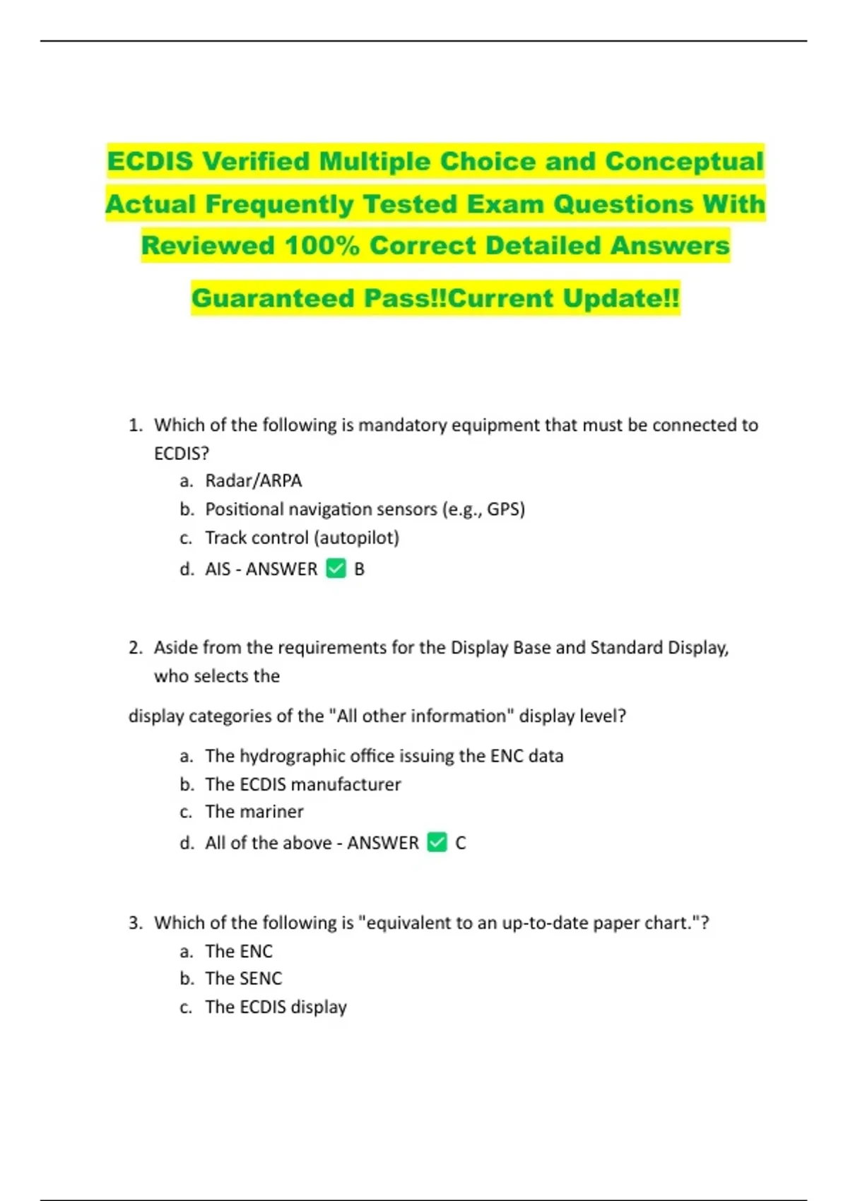 ECDIS Verified Multiple Choice and Conceptual Actual Frequently Tested ...