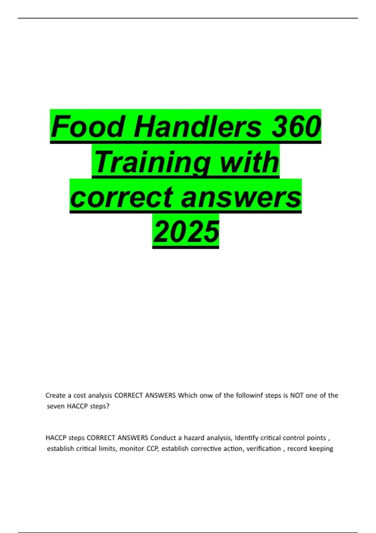 Food Handlers 360 Training with correct answers 2025 - Food Handlers ...