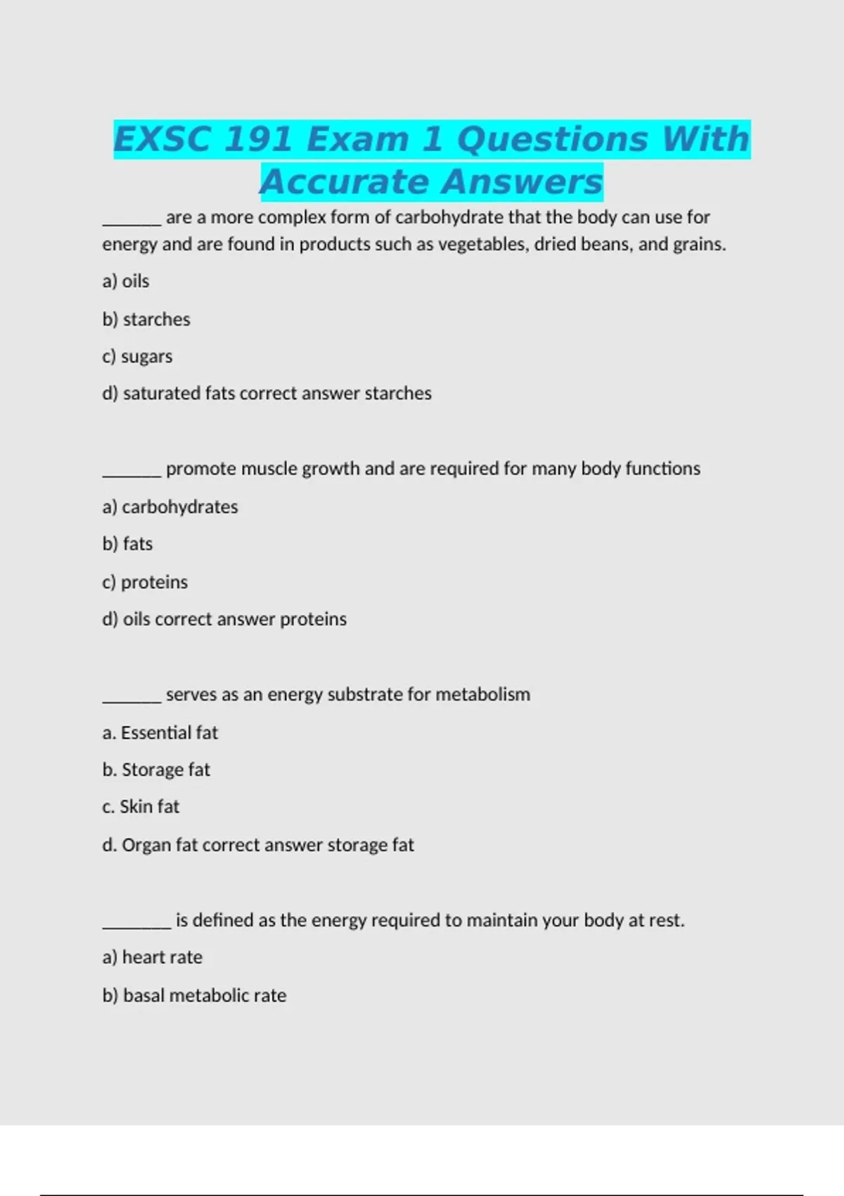 EXSC 191 Exam 1 Questions With Accurate Answers - Med - Stuvia US