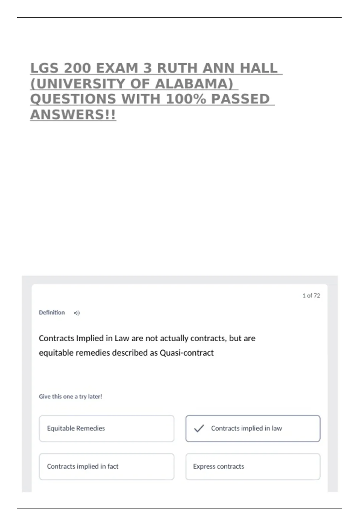 LGS 200 EXAM 3 RUTH ANN HALL (UNIVERSITY OF ALABAMA) QUESTIONS WITH 100 ...