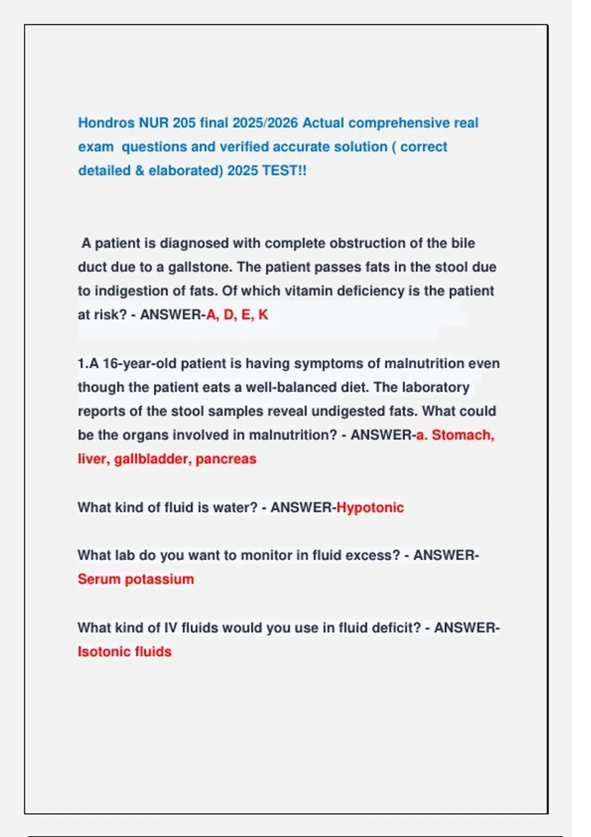 Hondros NUR 205 final 2025/2026 Actual comprehensive real exam ...