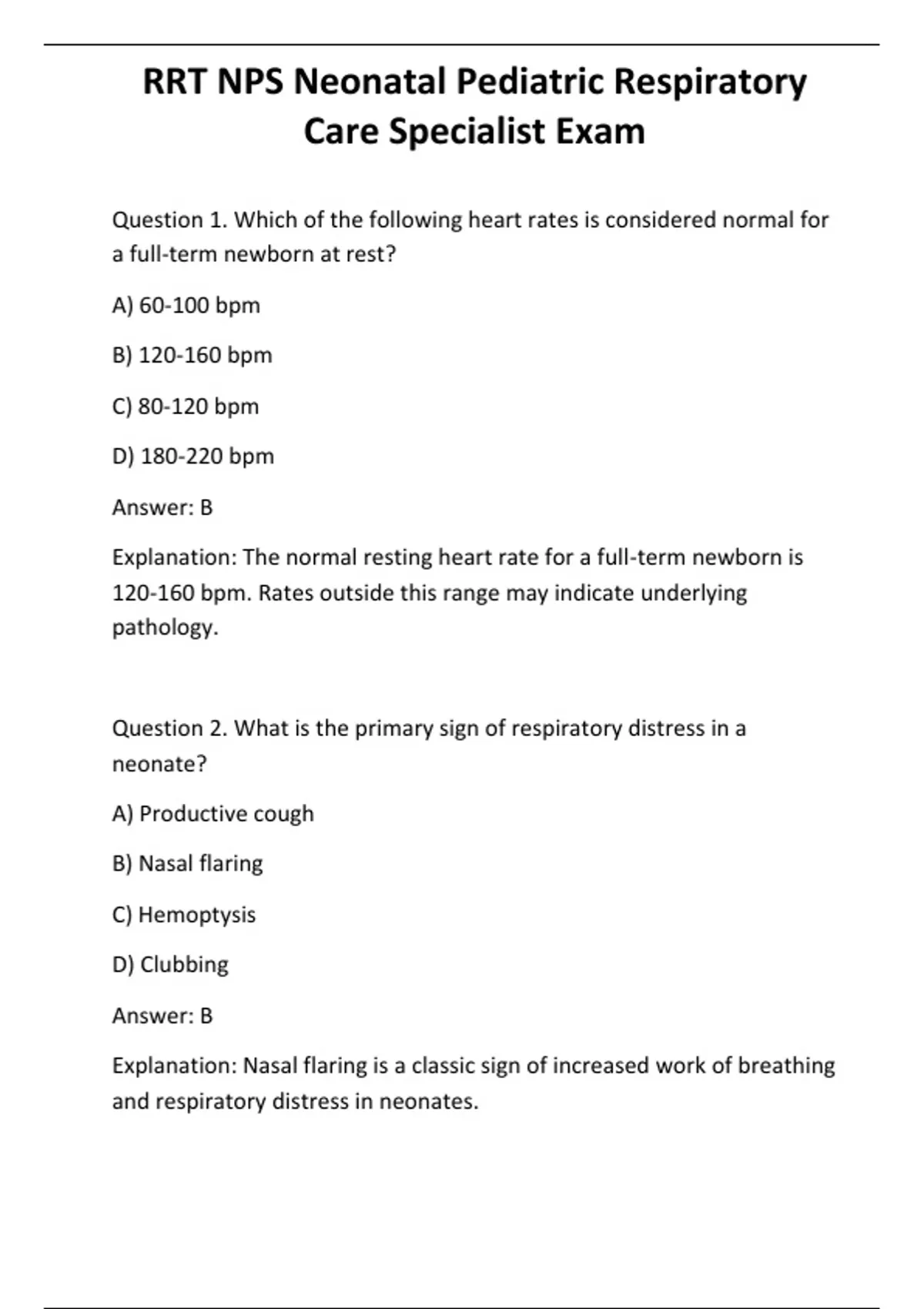 RRT NPS Neonatal Pediatric Respiratory Care Specialist Exam - Computer ...