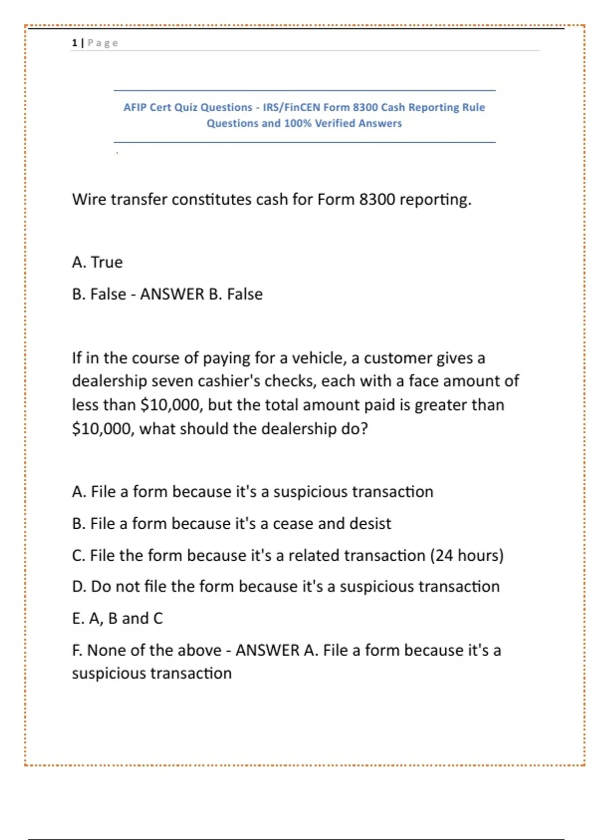 AFIP Cert Quiz Questions - IRS FinCEN Form 8300 Cash Reporting Rule ...