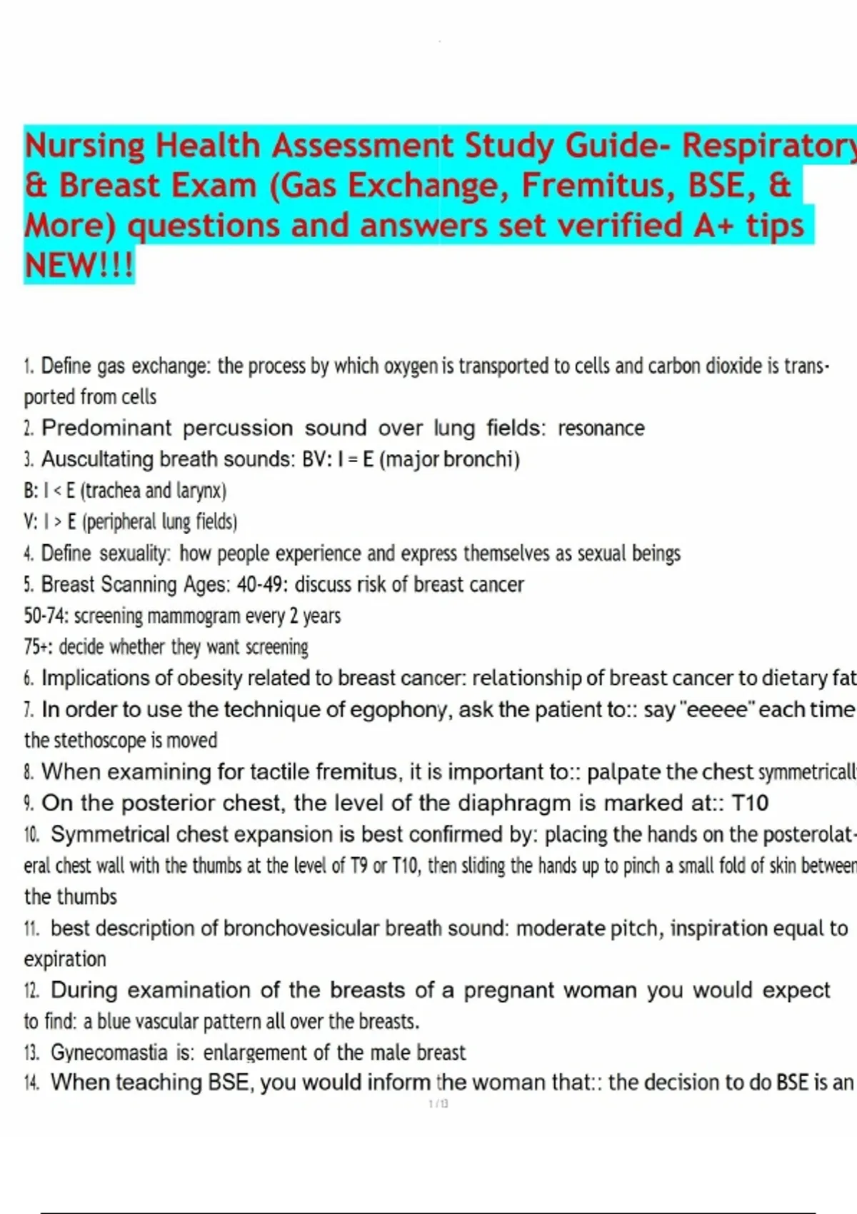 Nursing Health Assessment Study Guide- Respiratory & Breast Exam (Gas ...