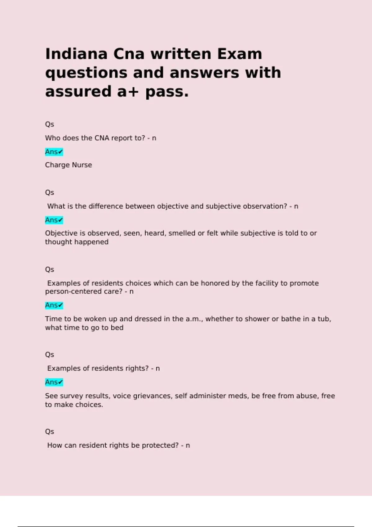 Indiana Cna written Exam questions and answers with assured a+ pass. Qs ...