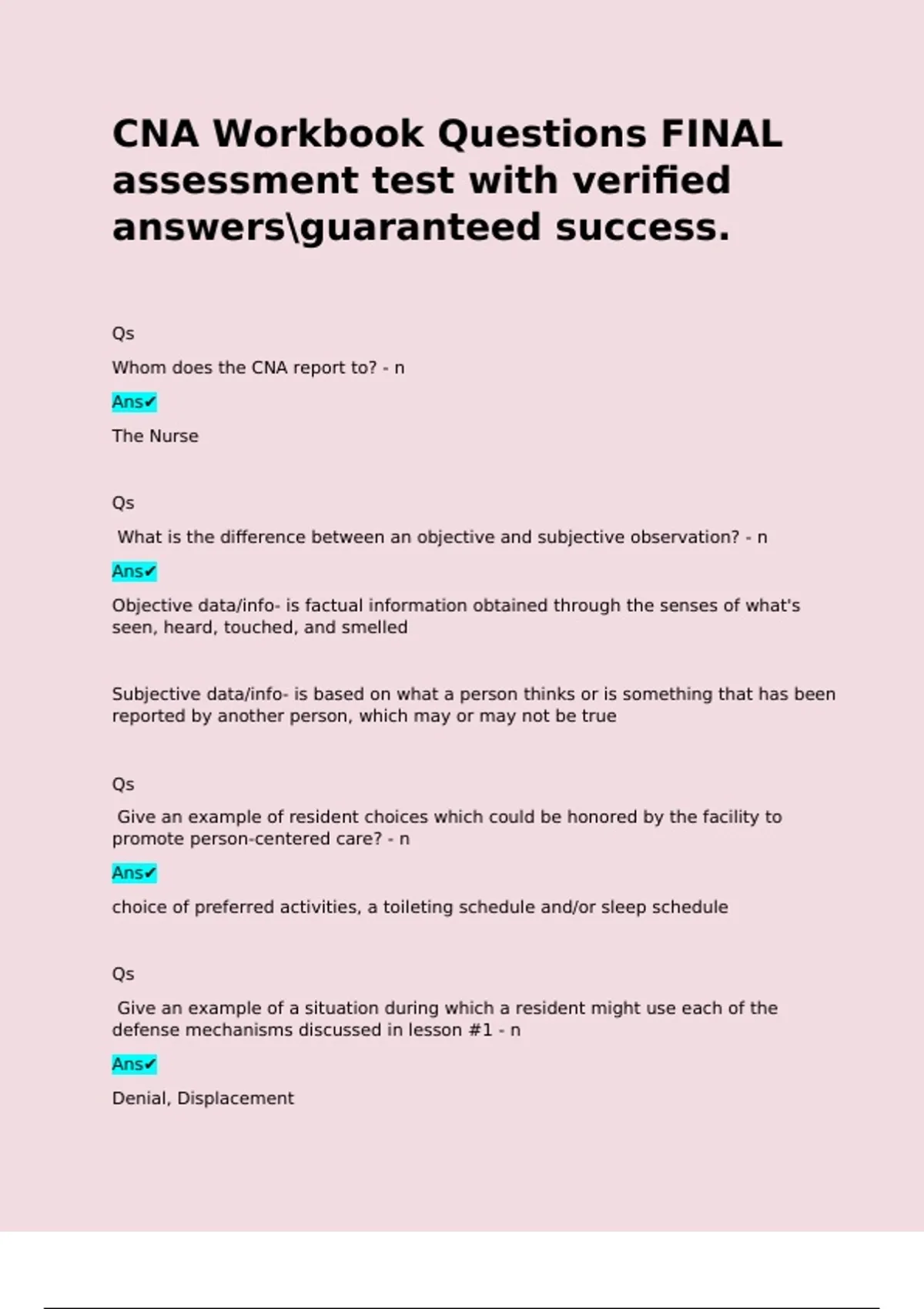 CNA Workbook Questions FINAL assessment test with verified ...