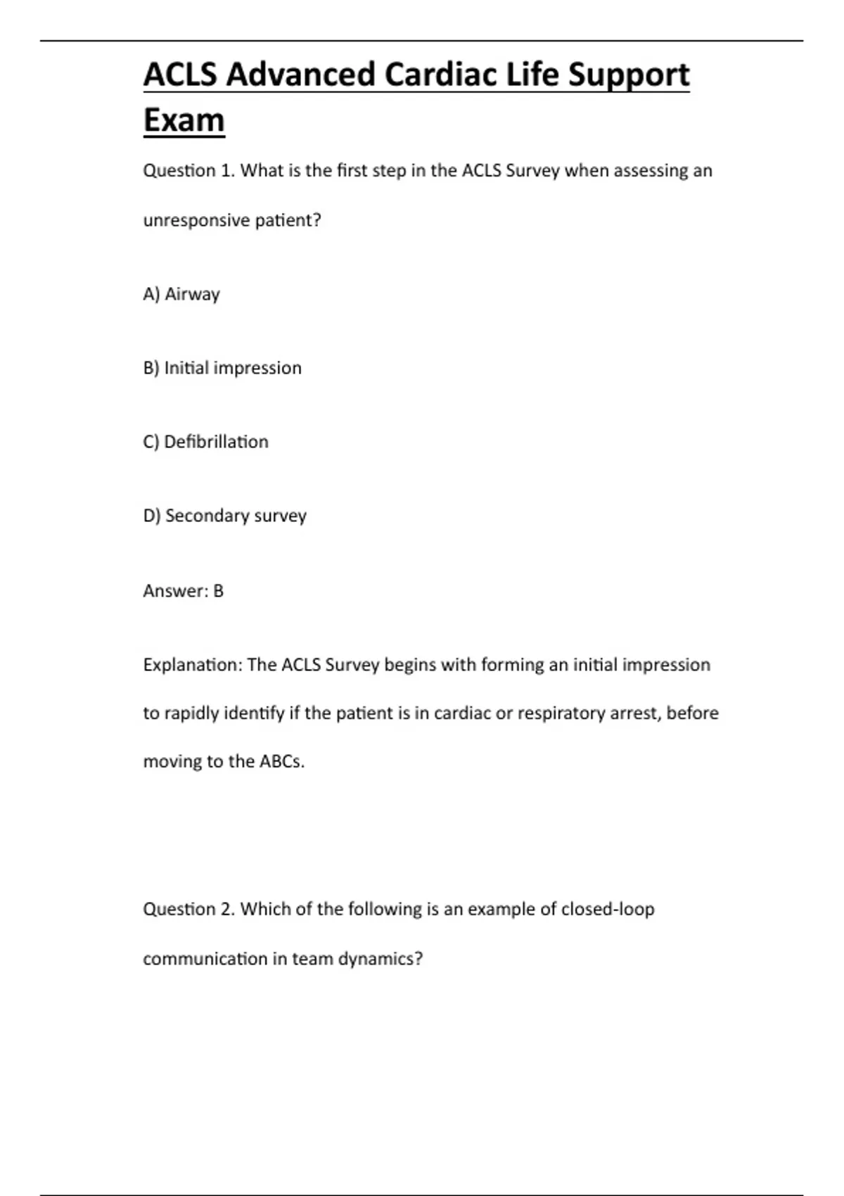 ACLS Advanced Cardiac Life Support Exam - Computer - Stuvia US