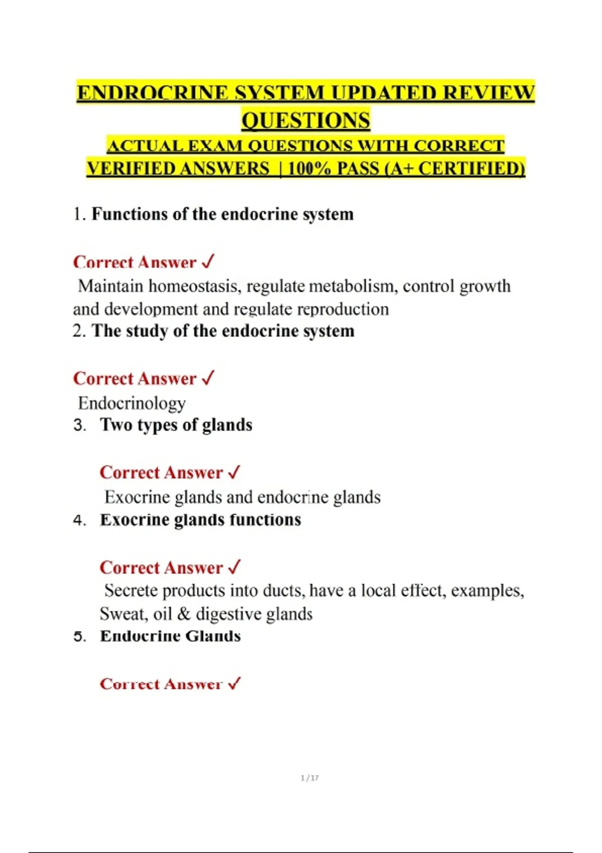 ENDROCRINE SYSTEM UPDATED REVIEW QUESTIONS ACTUAL EXAM QUESTIONS WITH ...