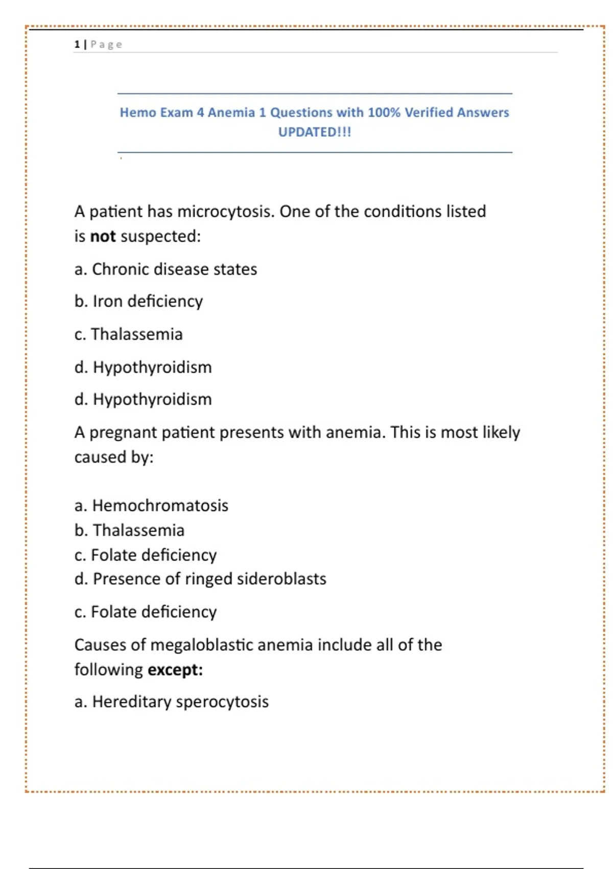 Hemo Exam 4 Anemia 1 Questions with 100% Verified Answers UPDATED ...