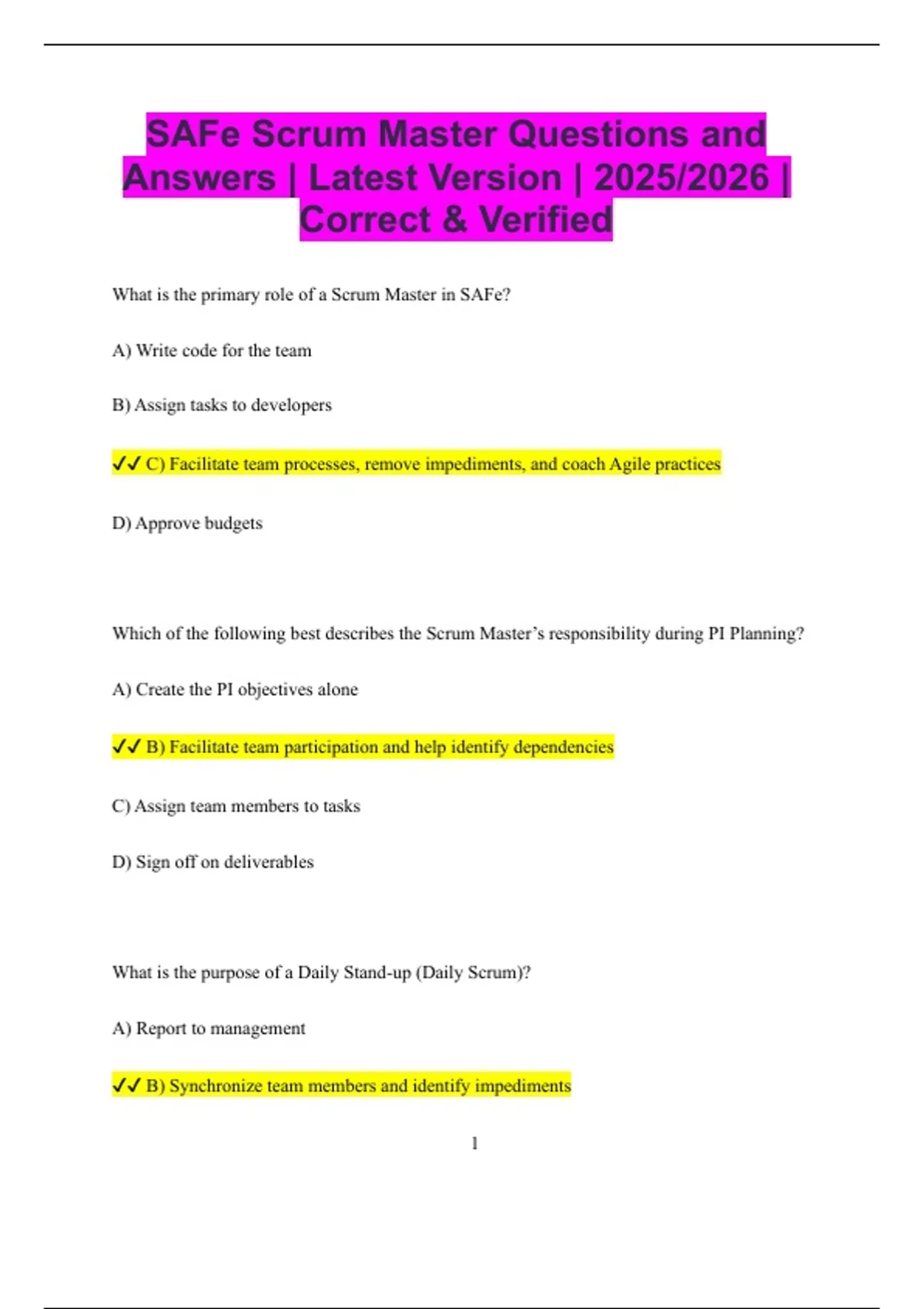 SAFe Scrum Master Questions and Answers | Latest Version | 2025/2026 ...
