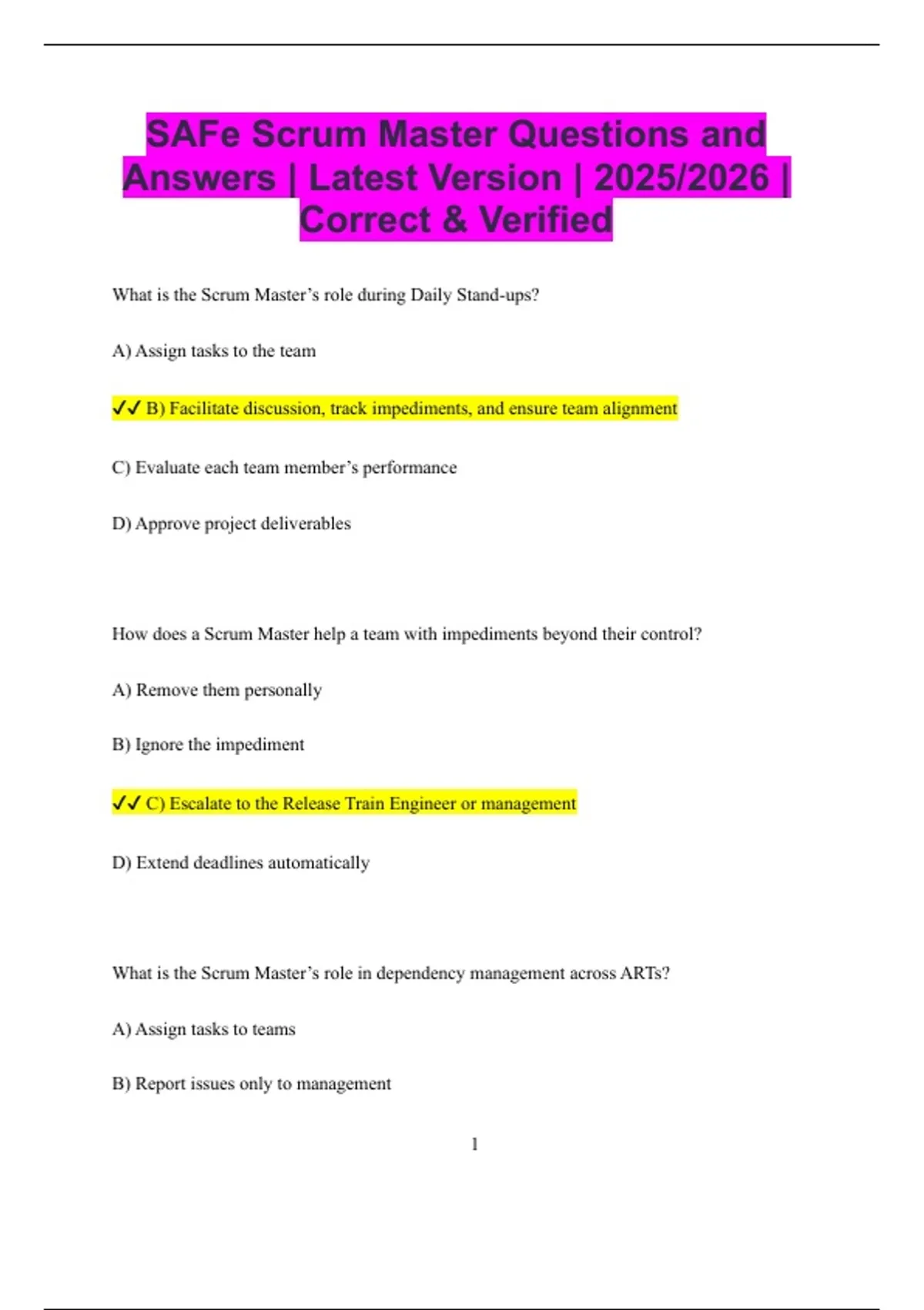 SAFe Scrum Master Questions and Answers | Latest Version | 2025/2026 ...