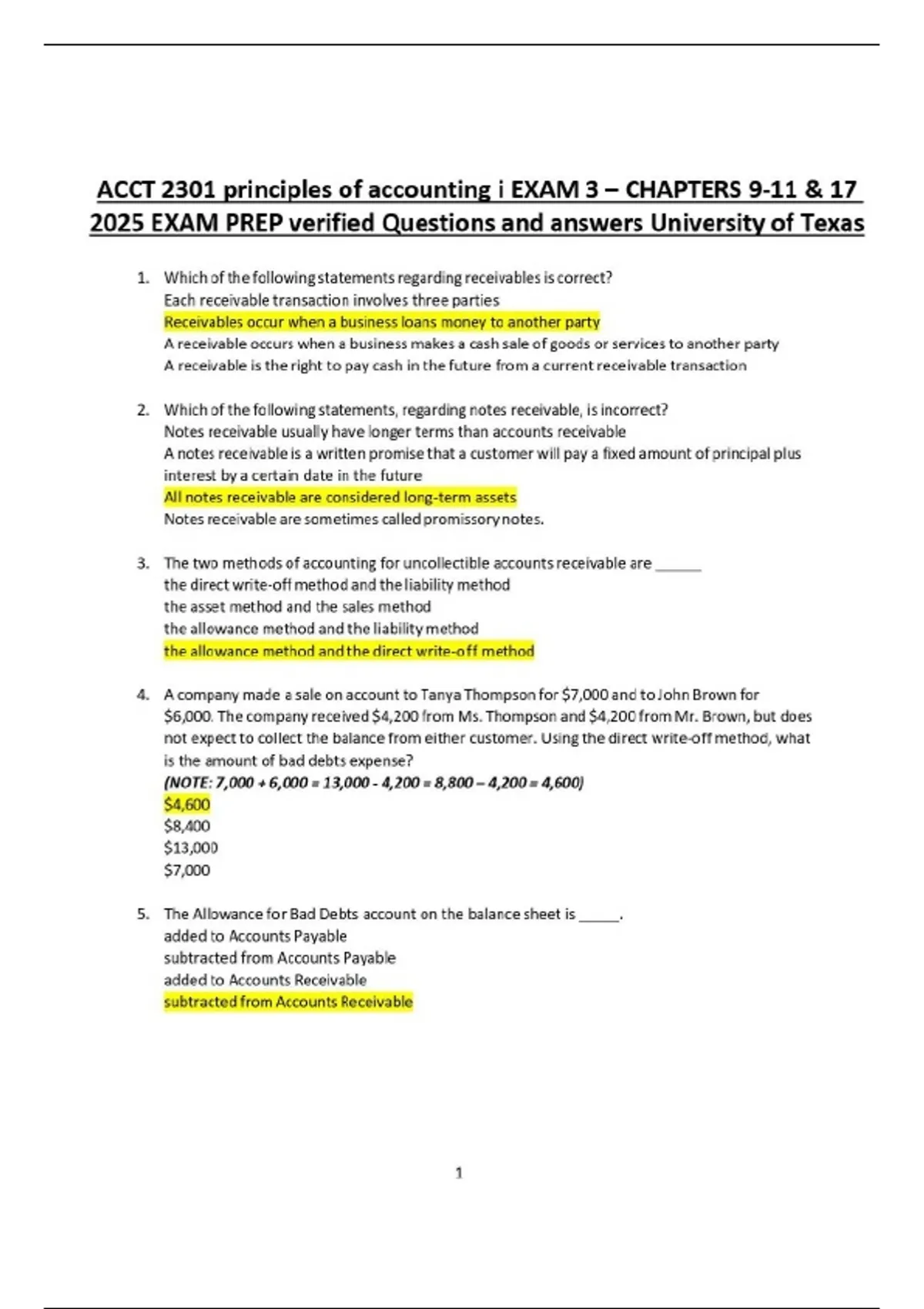 ACCT 2301 principles of accounting i EXAM 3 – CHAPTERS 9-11 & 17 2025 ...