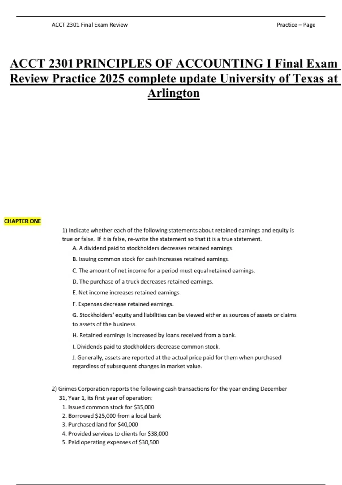 ACCT 2301 PRINCIPLES OF ACCOUNTING I Final Exam Review Practice 2025 ...
