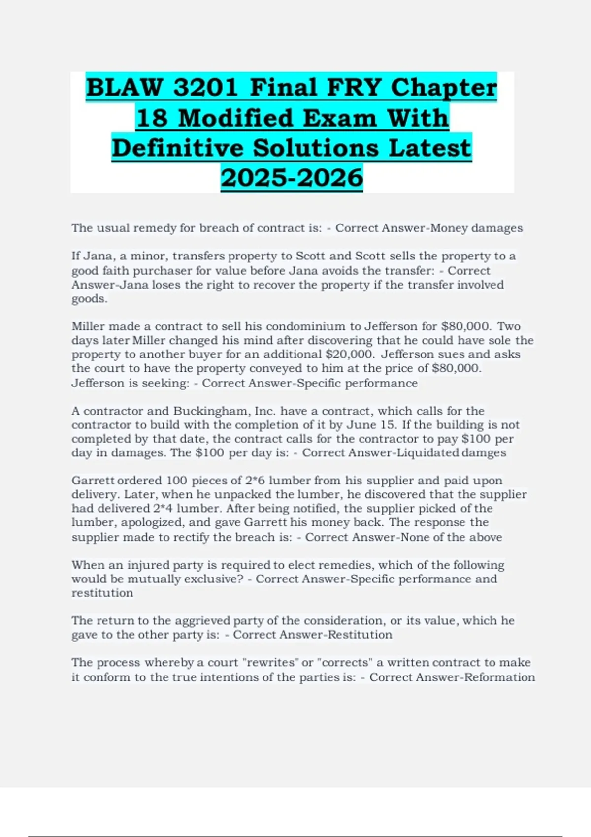 BLAW 3201 Final Fry Chapter 18 Modified Exam with Definitive Solutions ...