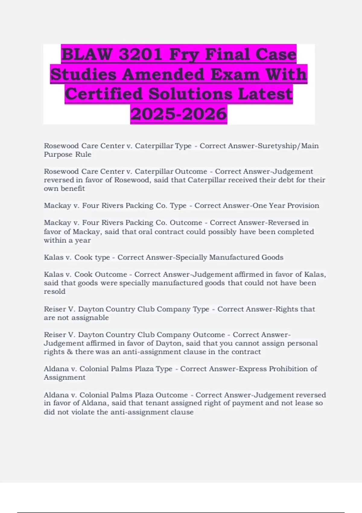 BLAW 3201 Fry Final Case Studies Amended Exam with Certified Solutions ...