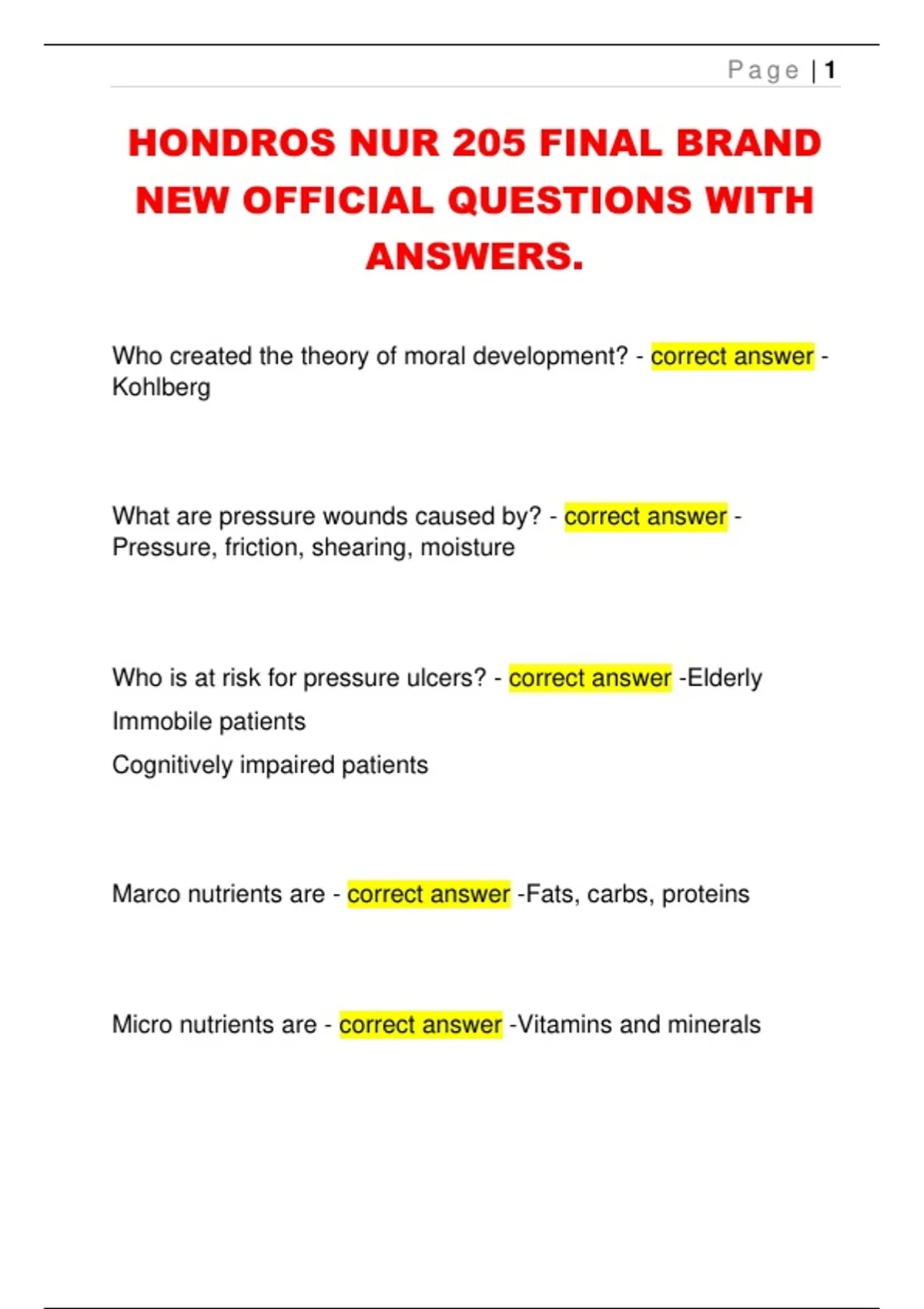 HONDROS NUR 205 FINAL BRAND NEW OFFICIAL QUESTIONS WITH ANSWERS ...