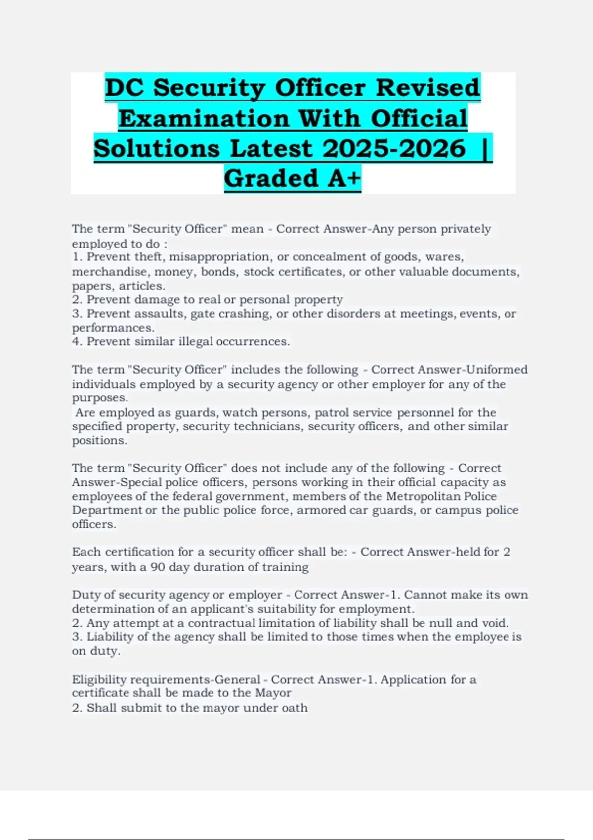 DC Security Officer Revised Examination with Official Solutions (Latest ...
