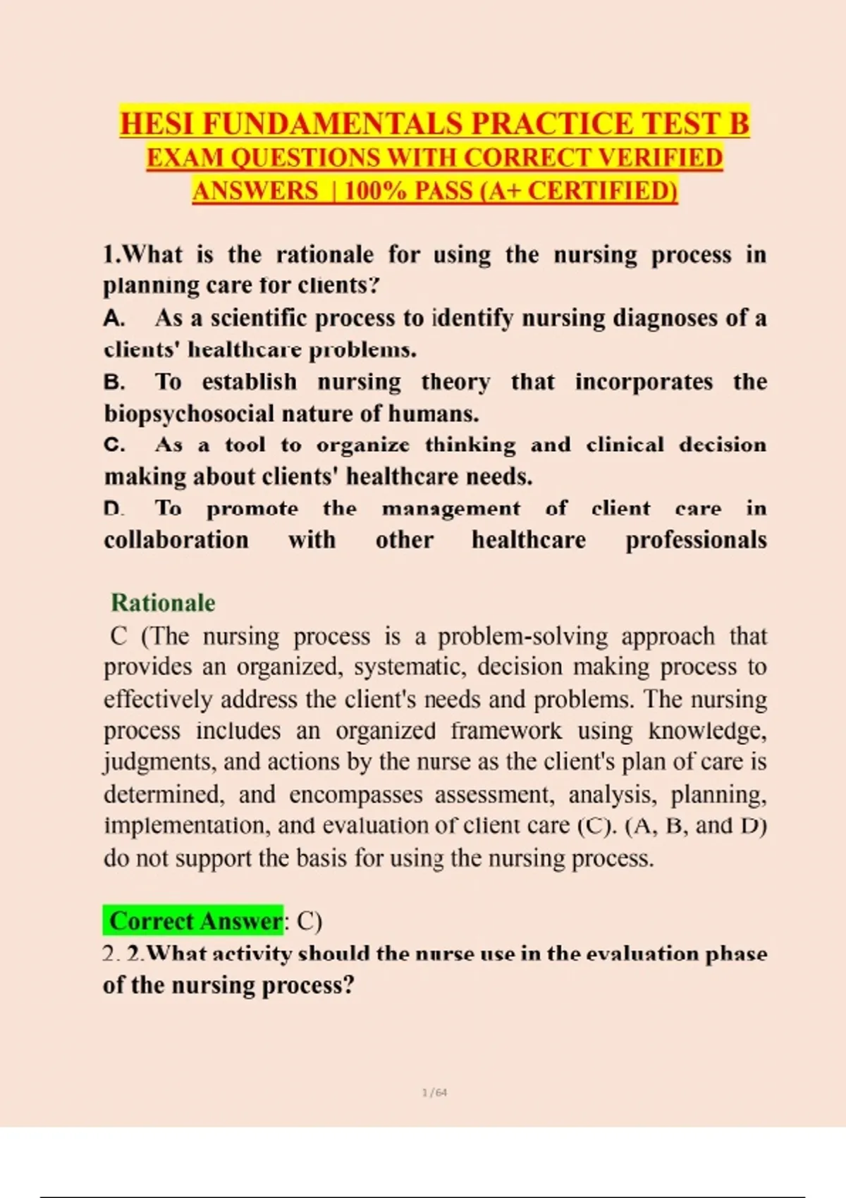 HESI FUNDAMENTALS PRACTICE TEST B EXAM QUESTIONS WITH CORRECT VERIFIED ...