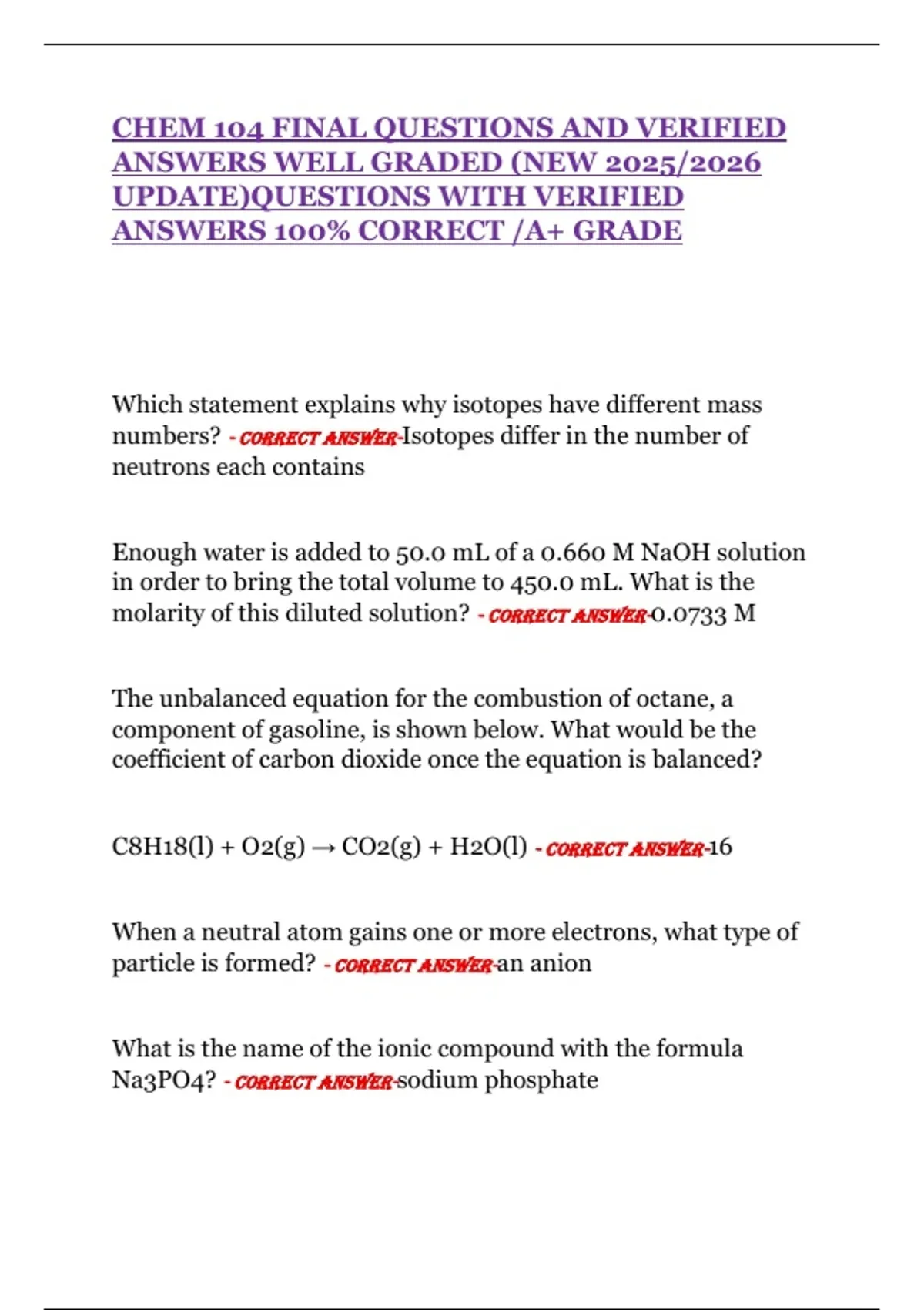 CHEM 104 FINAL QUESTIONS AND VERIFIED ANSWERS WELL GRADED (NEW 2025/ ...