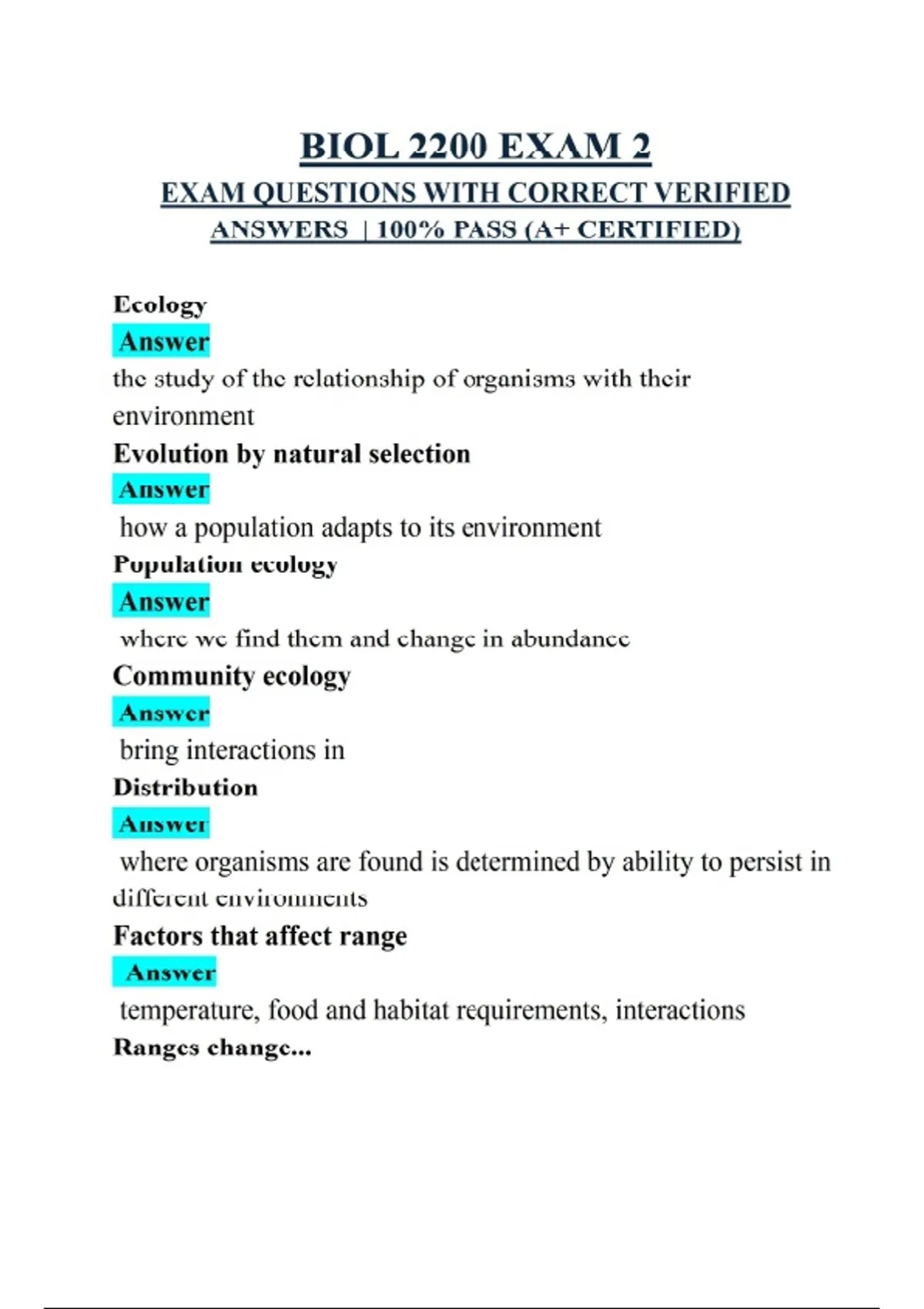 BIOL 2200 EXAM 2 EXAM QUESTIONS WITH CORRECT VERIFIED ANSWERS | 100% ...