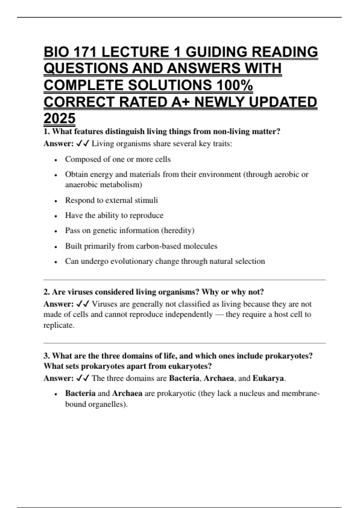 BIO 171 LECTURE 1 GUIDING READING QUESTIONS AND ANSWERS WITH COMPLETE ...