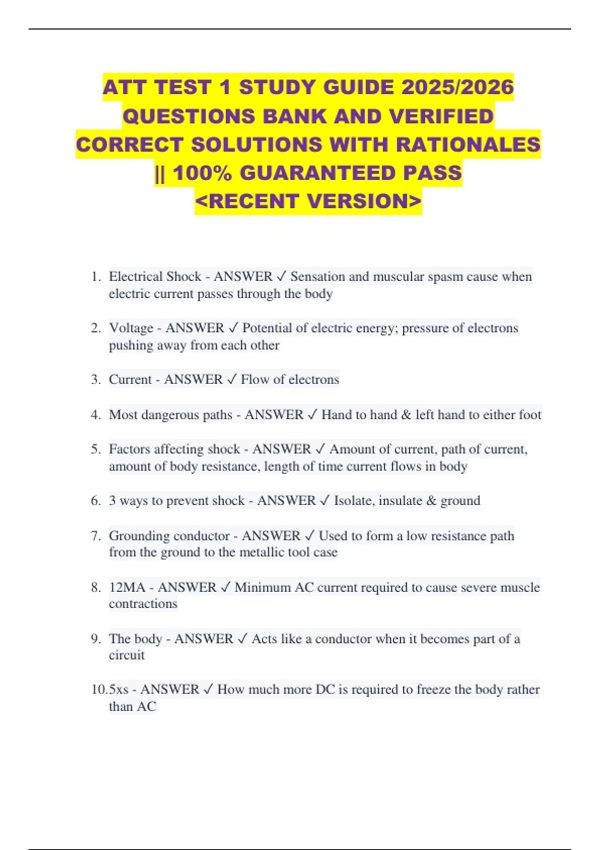 ATT TEST 1 STUDY GUIDE 2025/2026 QUESTIONS BANK AND VERIFIED CORRECT ...