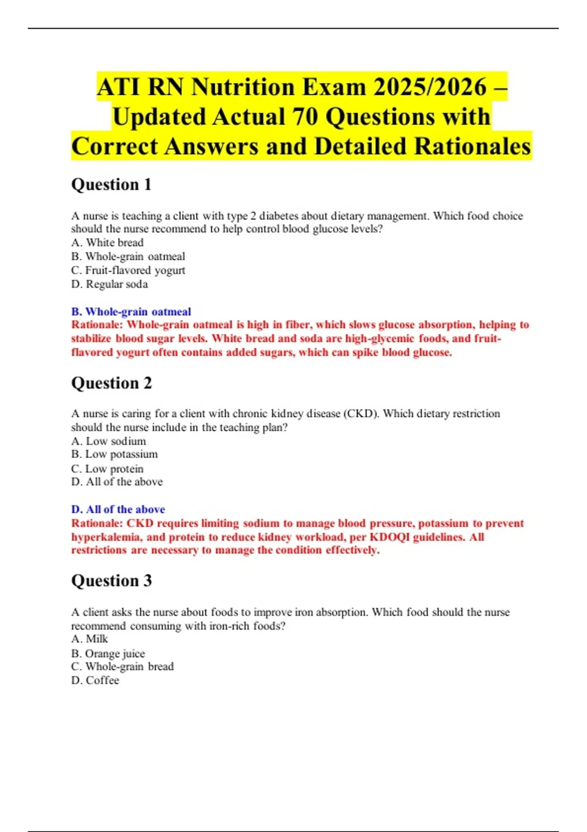 ATI RN Nutrition Exam 2025/2026 – Updated Actual 70 Questions with ...