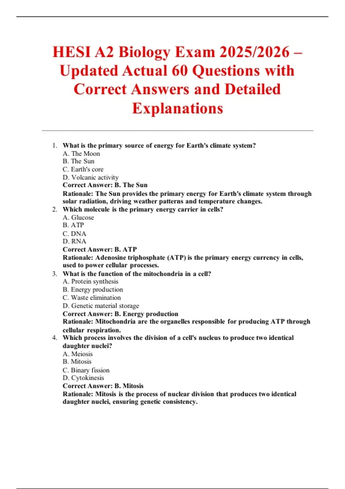 HESI A2 Biology Exam 2025/2026 – Updated Actual 60 Questions with ...