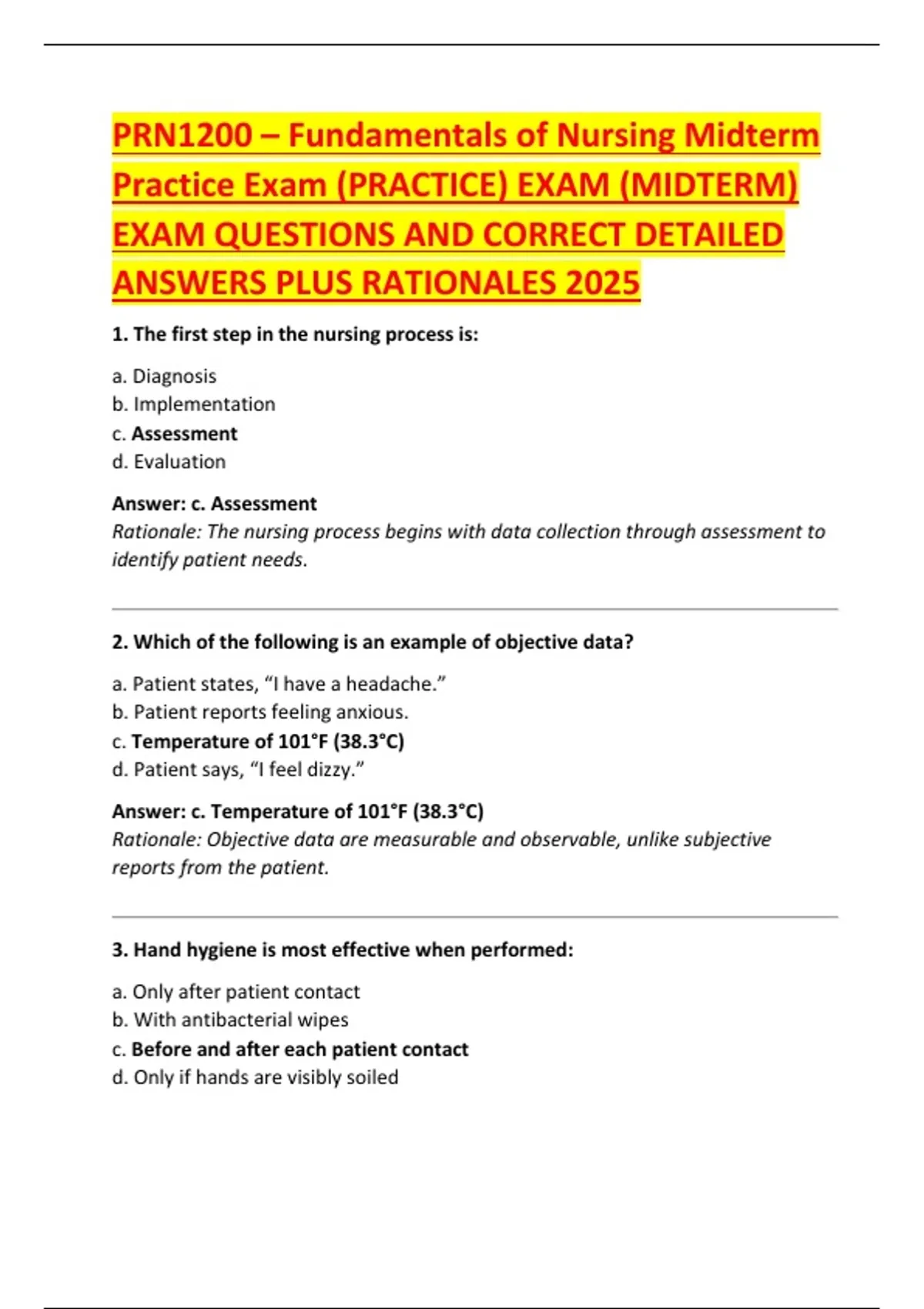 PRN1200 – Fundamentals of Nursing Midterm Practice Exam (PRACTICE) EXAM ...