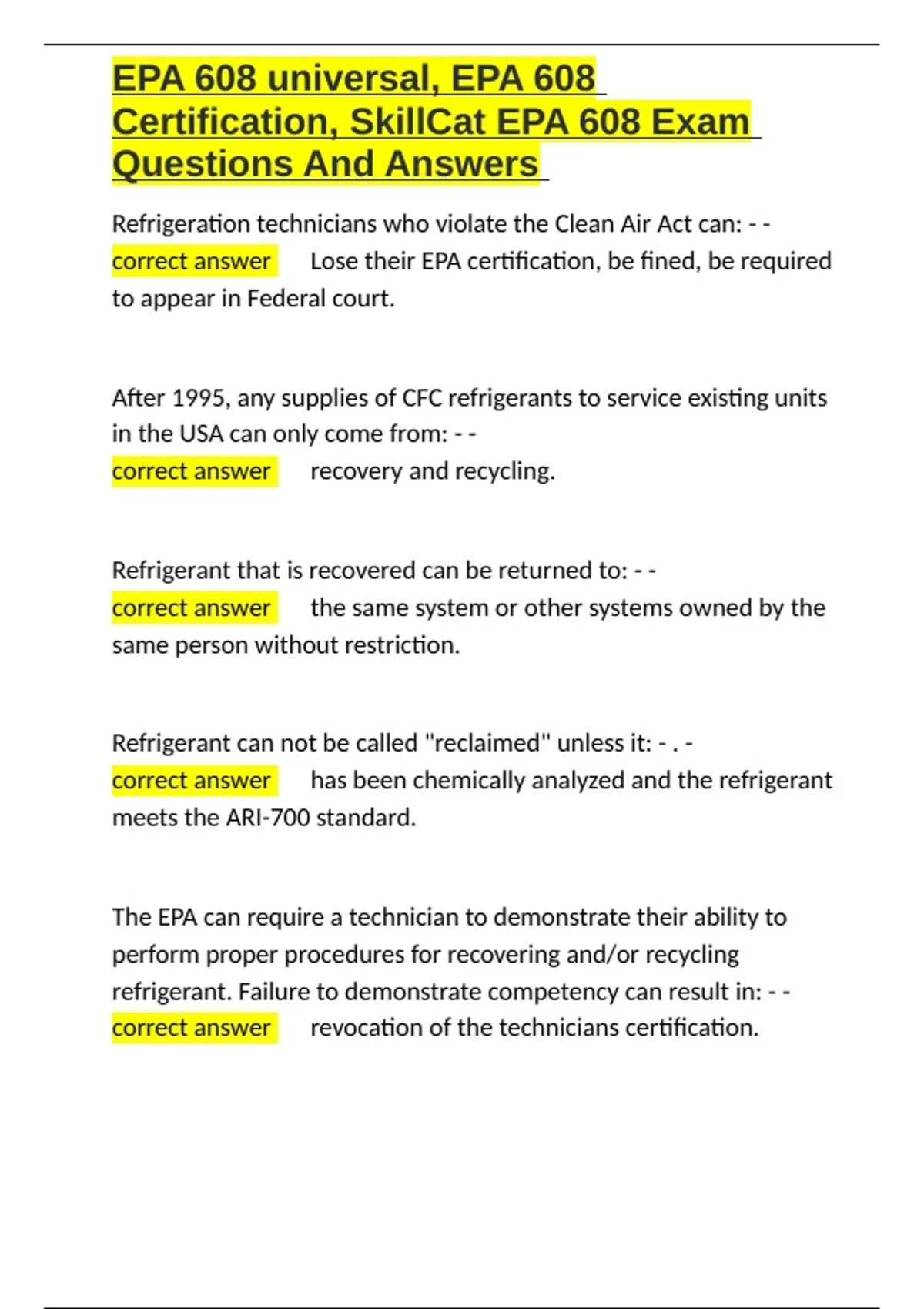 EPA 608 universal, EPA 608 Certification, SkillCat EPA 608 Exam ...