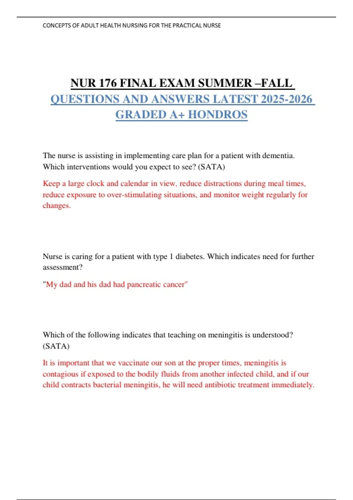 NUR 176 FINAL EXAM SUMMER –FALL QUESTIONS AND ANSWERS LATEST GRADED A+ ...