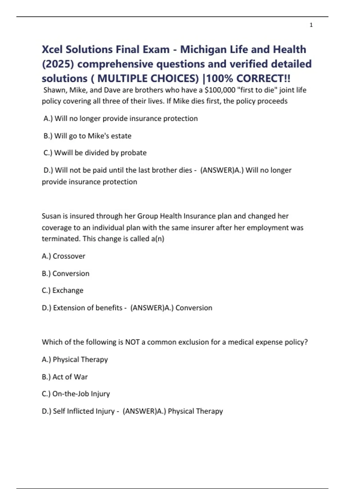 Xcel Solutions Final Exam - Michigan Life and Health (2025 ...