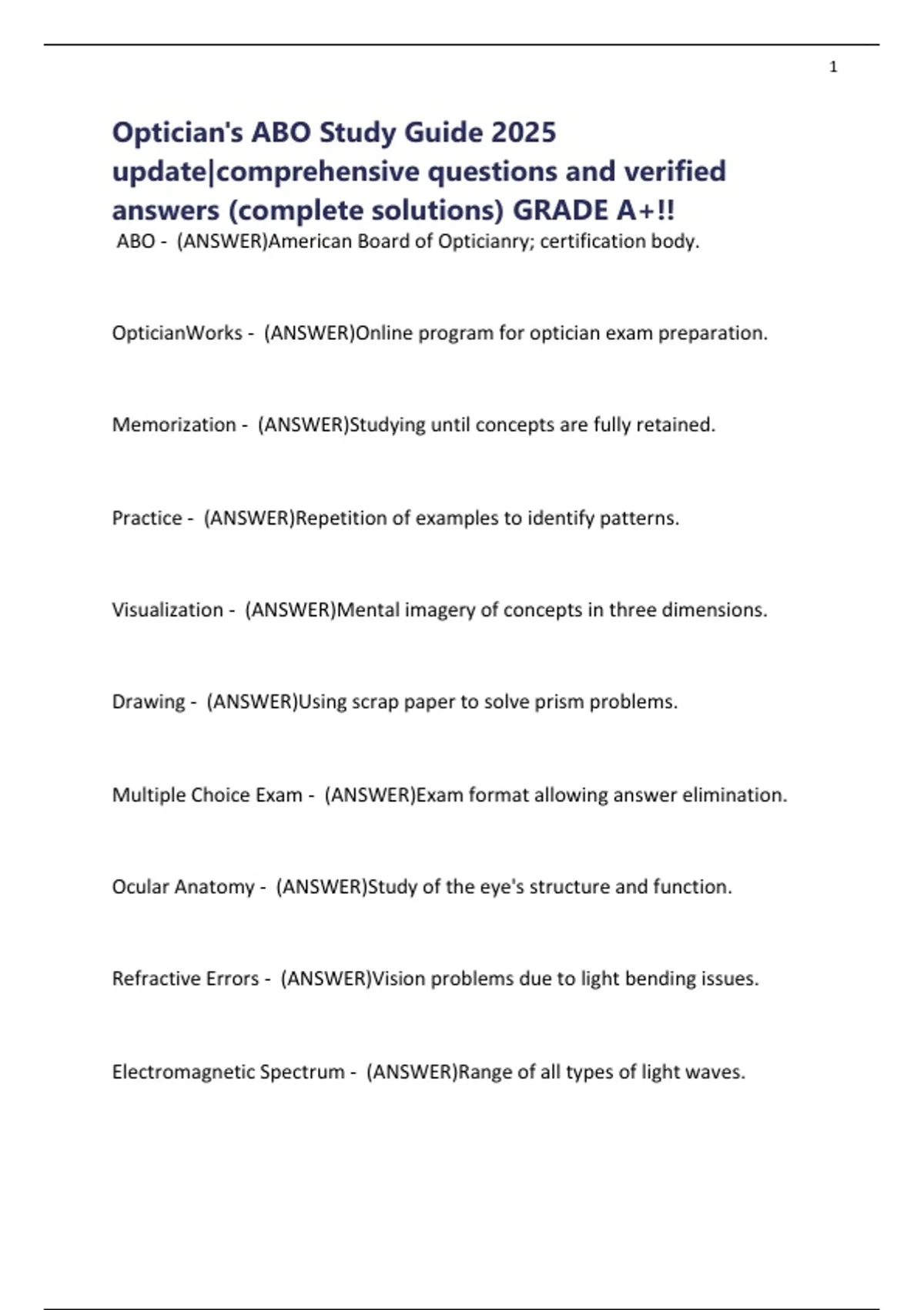Optician's ABO Study Guide 2025 update|comprehensive questions and ...